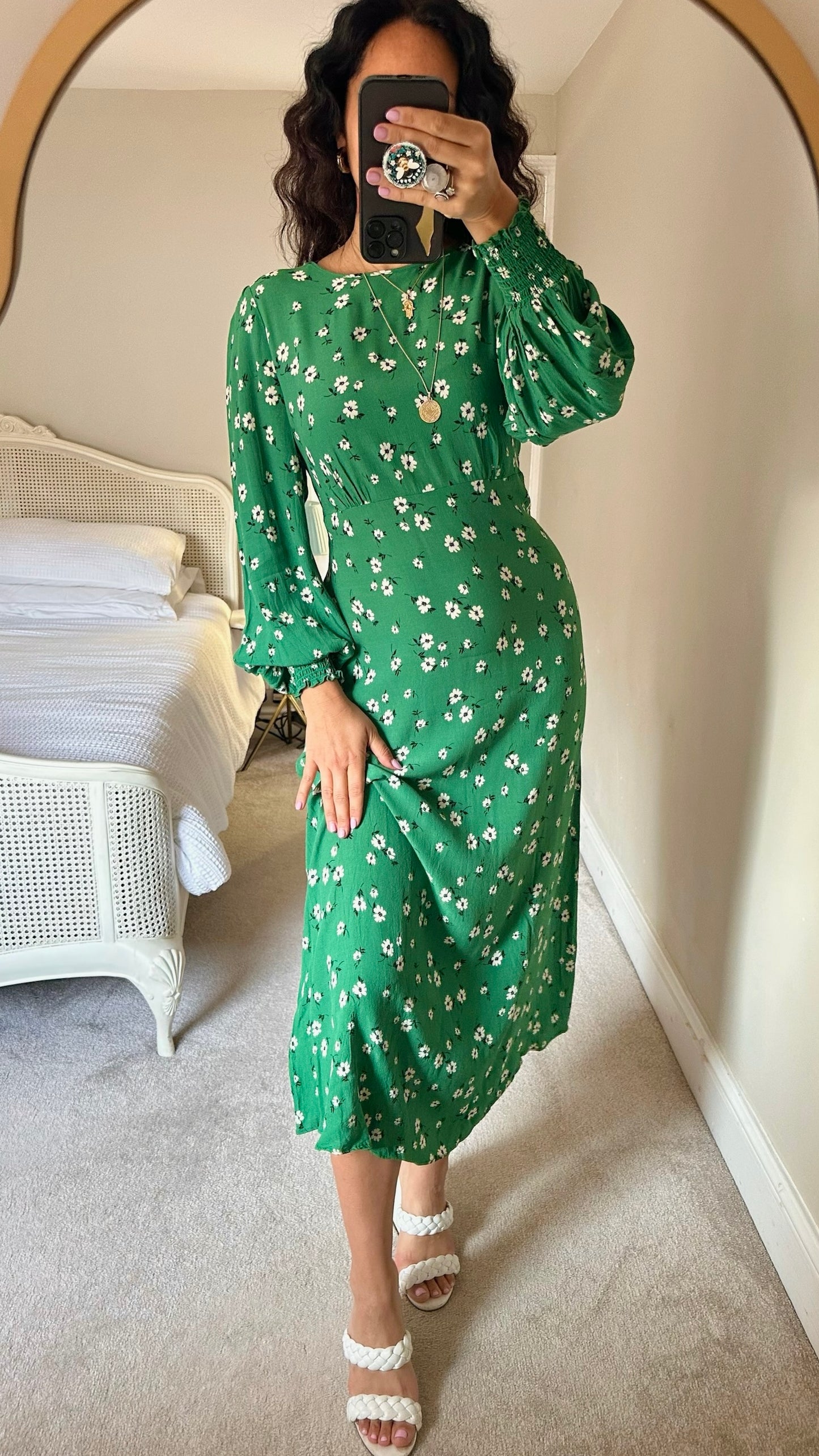 Oliver Bonas green white daisy print long sleeve maxi dress event medium M UK 10 vgc