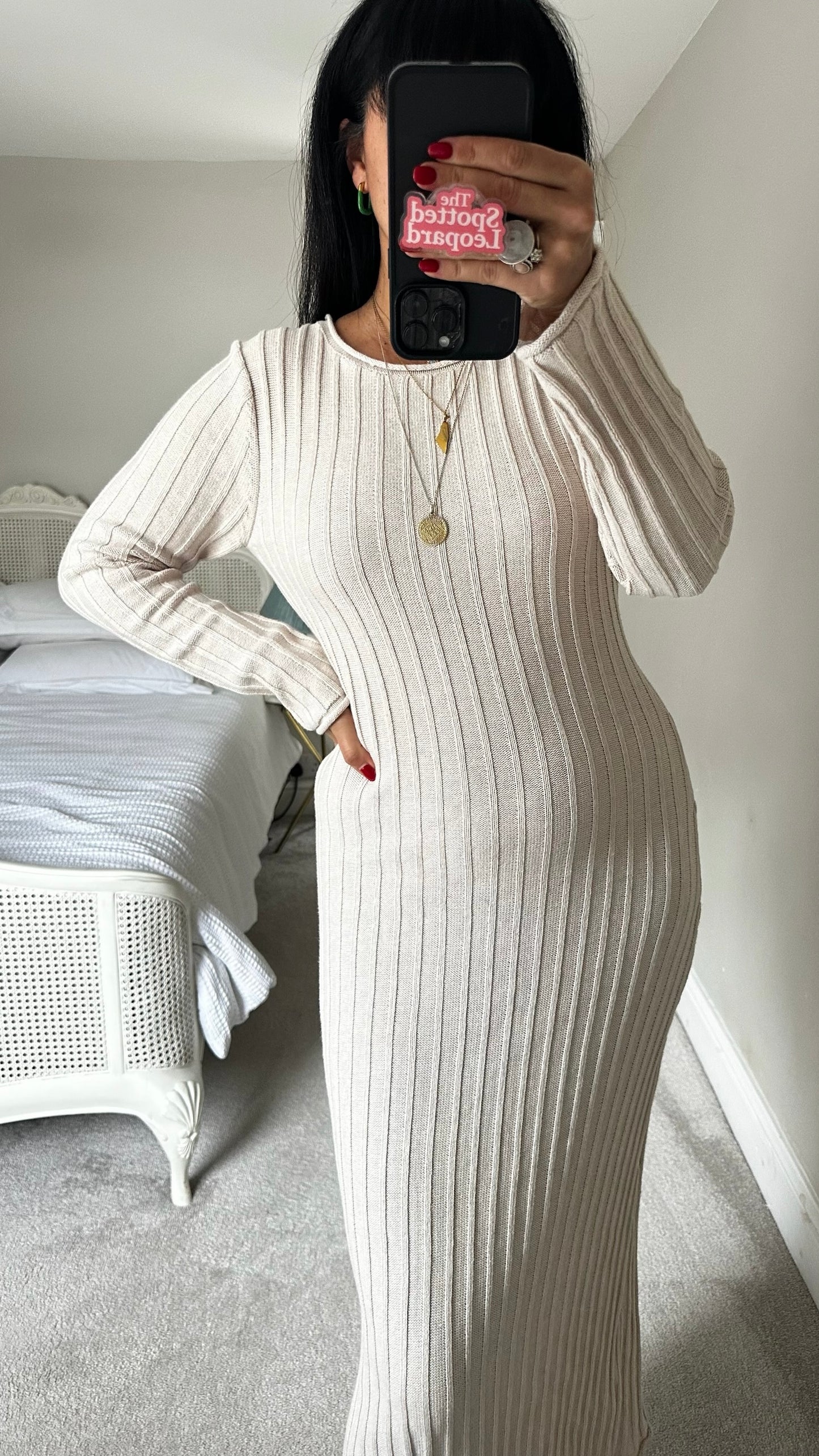 Mango beige cream ribbed knitted long midi dress UK 10 vgc