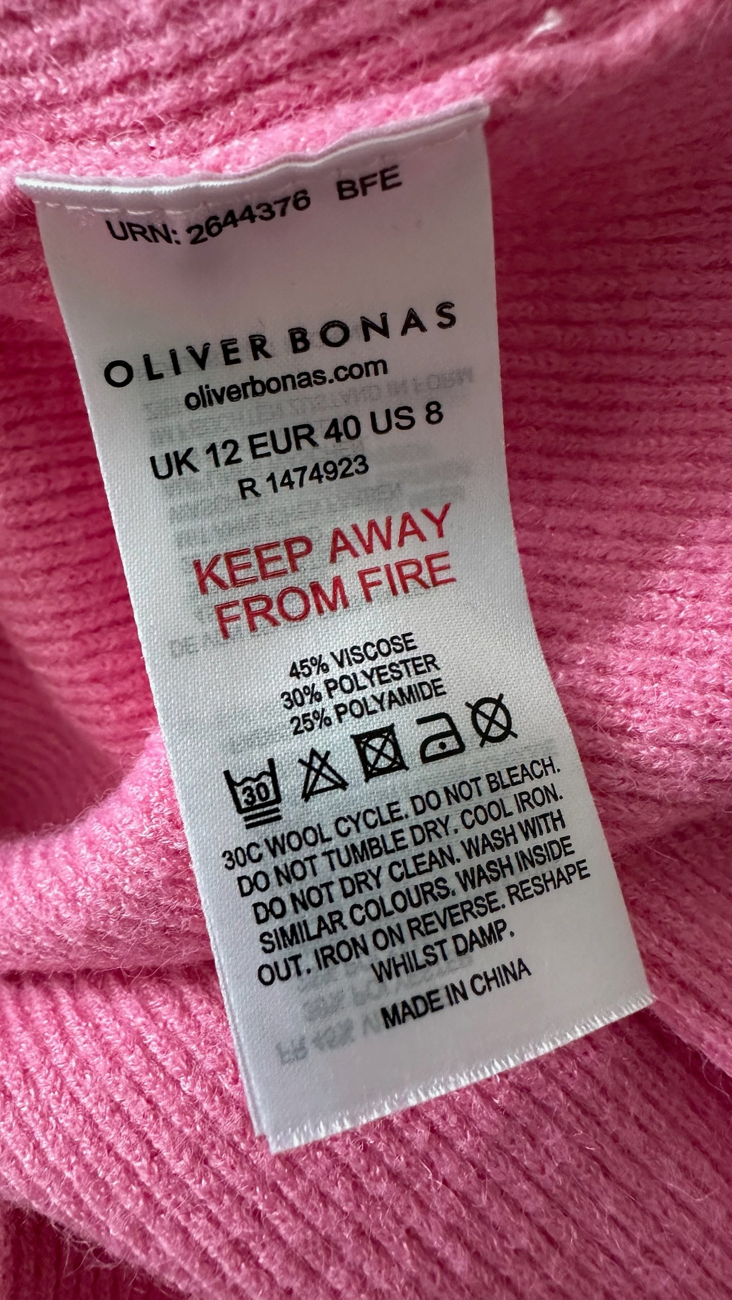 Oliver bonas candy pink knitted jumper dress large UK 12 vgc w25