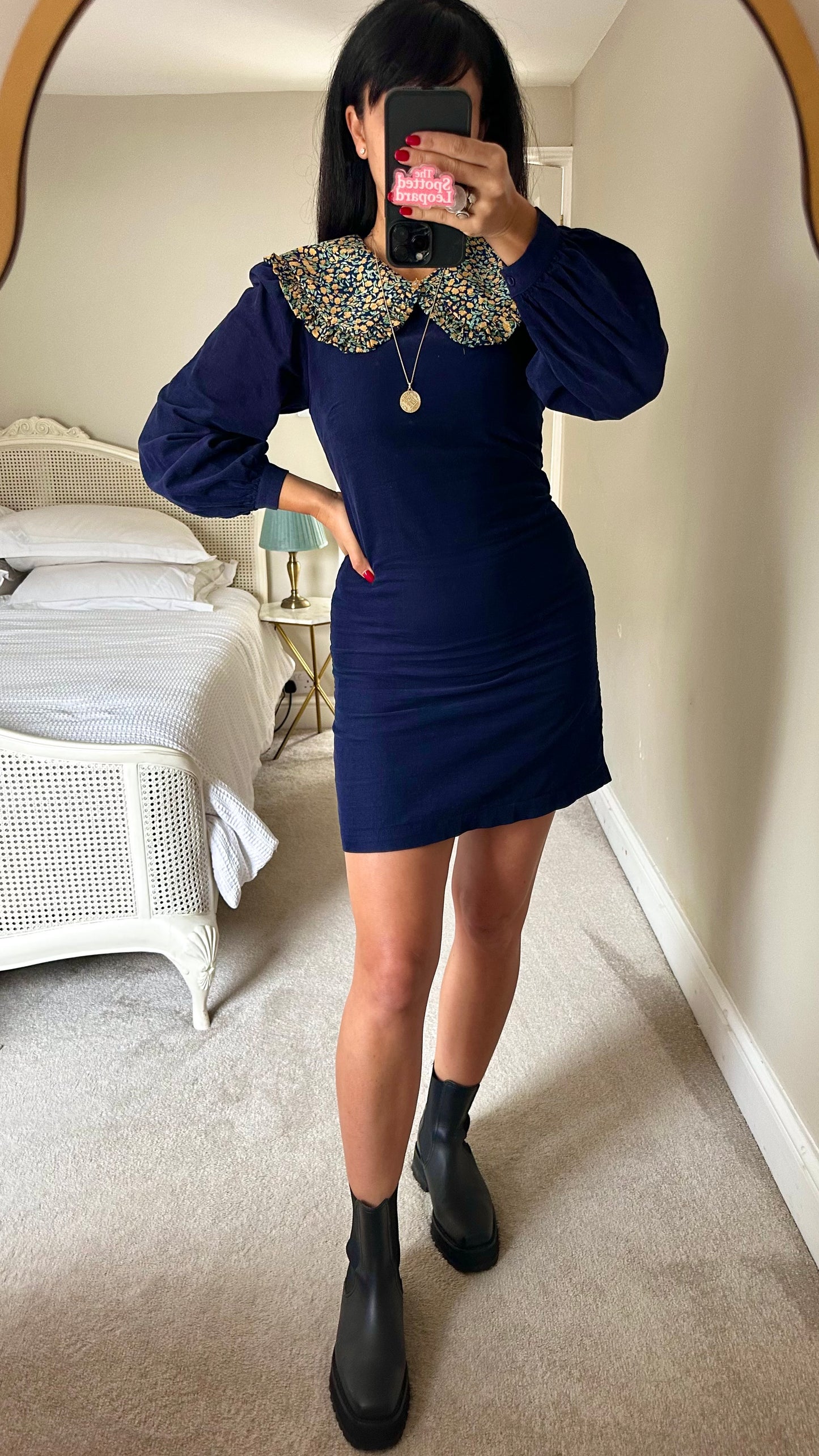 Anthropologie navy blue orange floral collared mini dress small UK 8 vgc