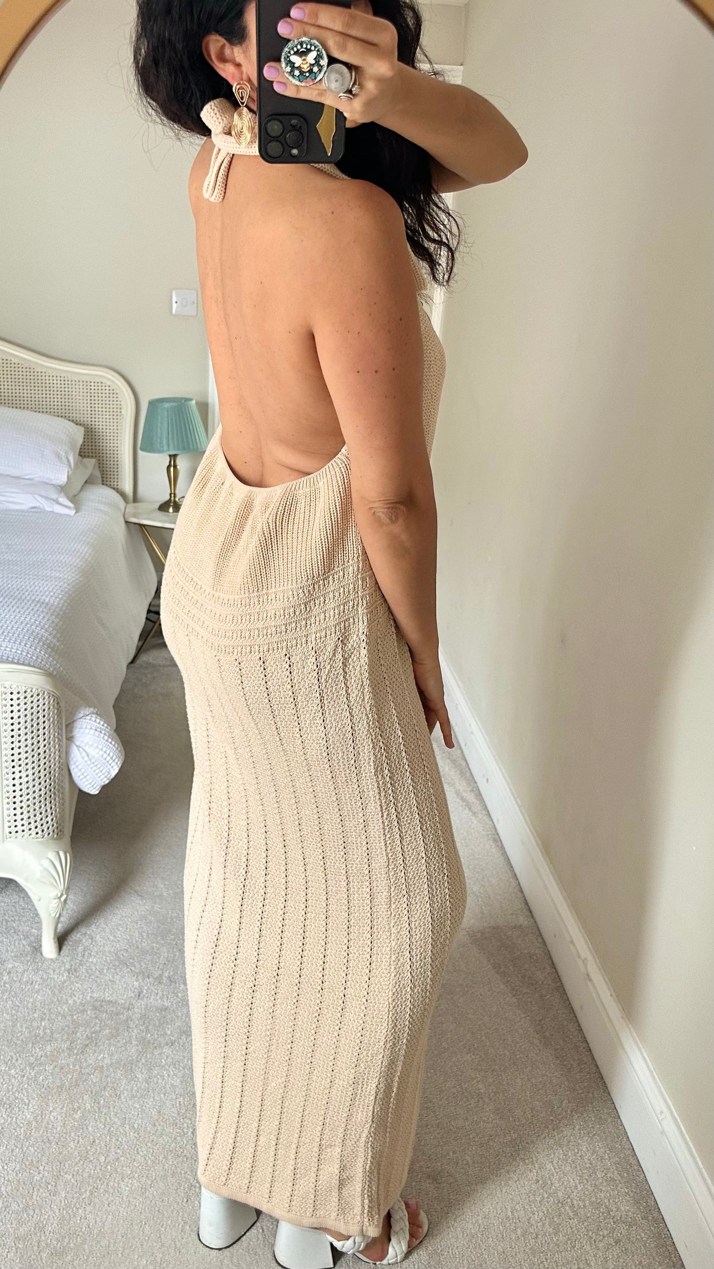 Nobody’s Child cream crochet halterneck holiday knitted maxi dress large UK 12 14 new