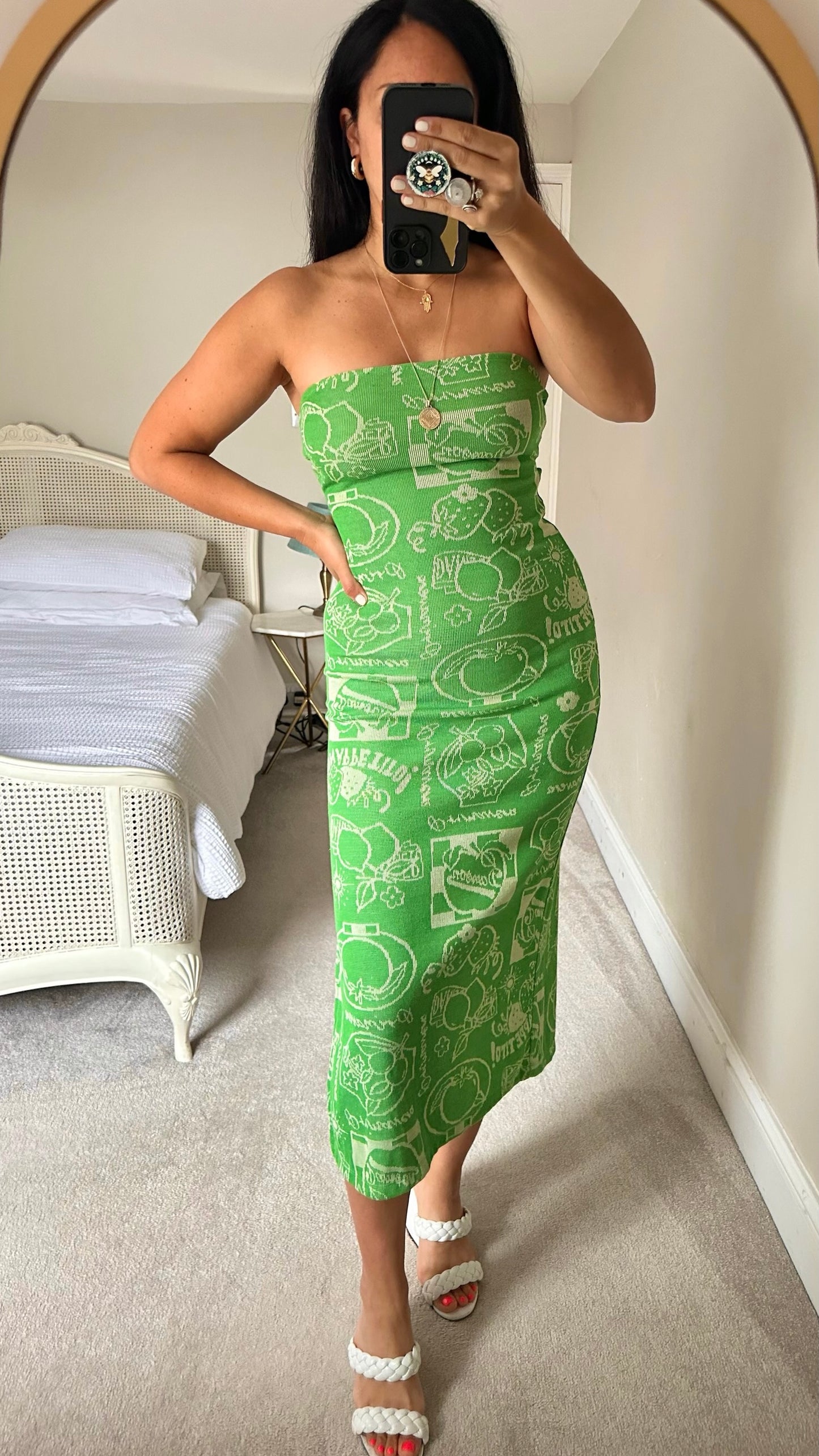 Damson madder green strapless backless holiday Italian print dress large UK 12 vgc