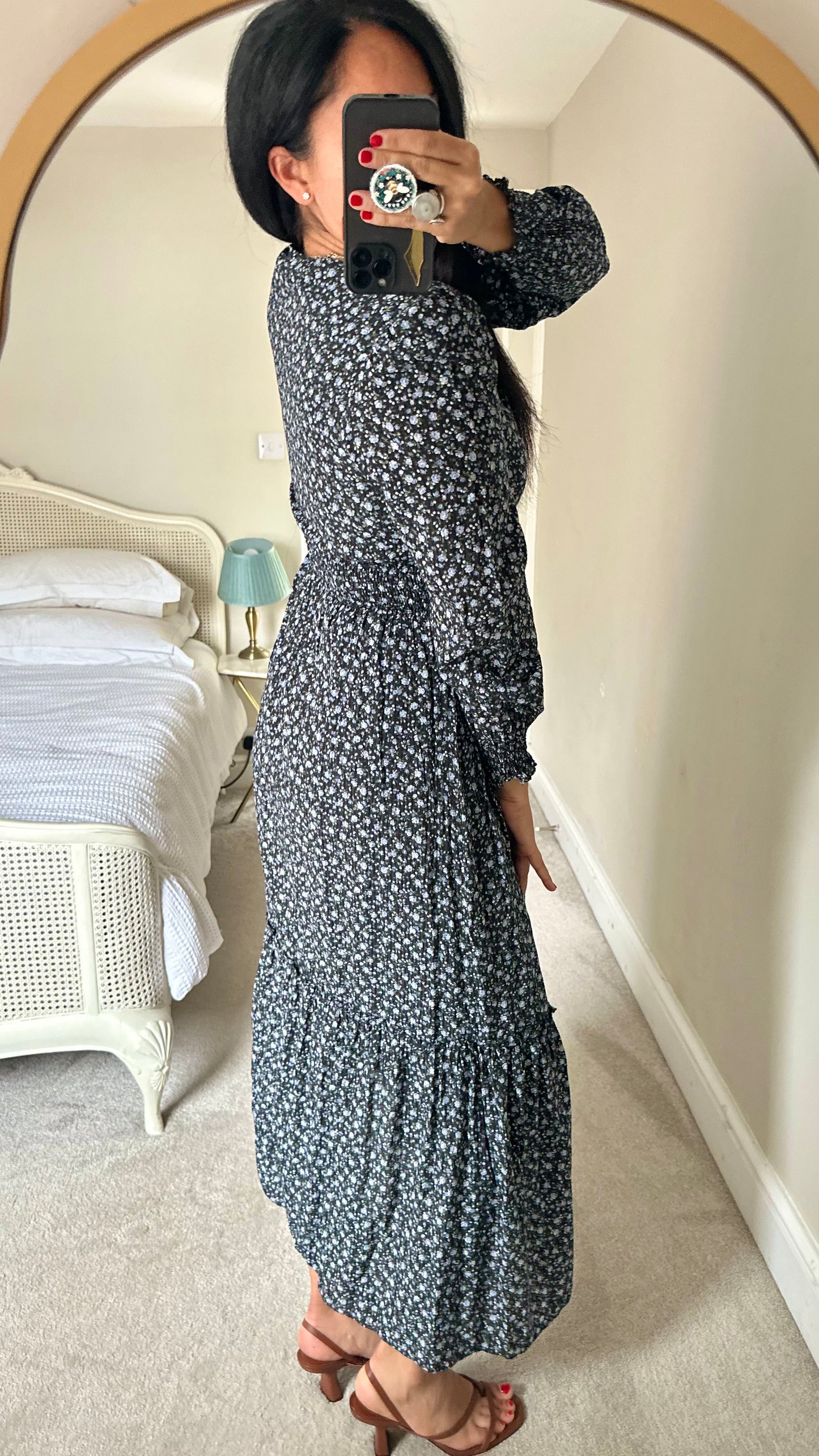 & other stories black blue floral prairie maxi midi long dress small UK 6 8 vgc w25