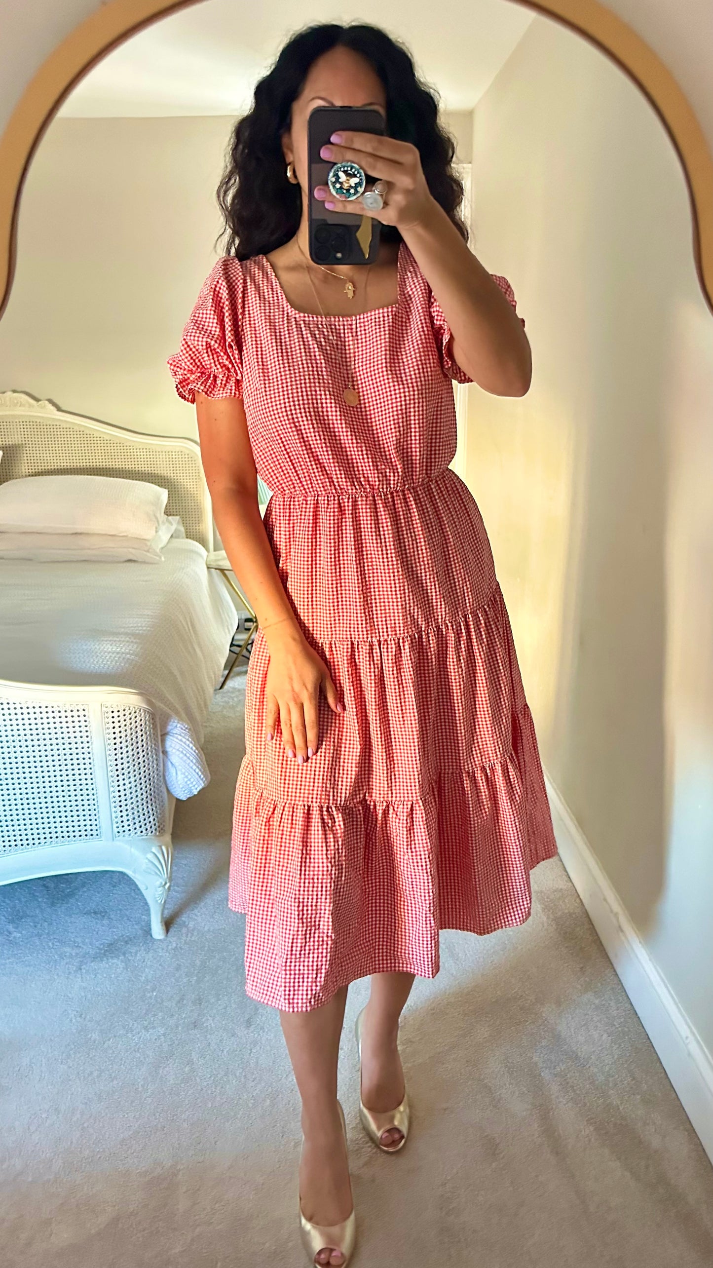 YAS red white gingham check tiered midi long dress medium UK 10 vgc
