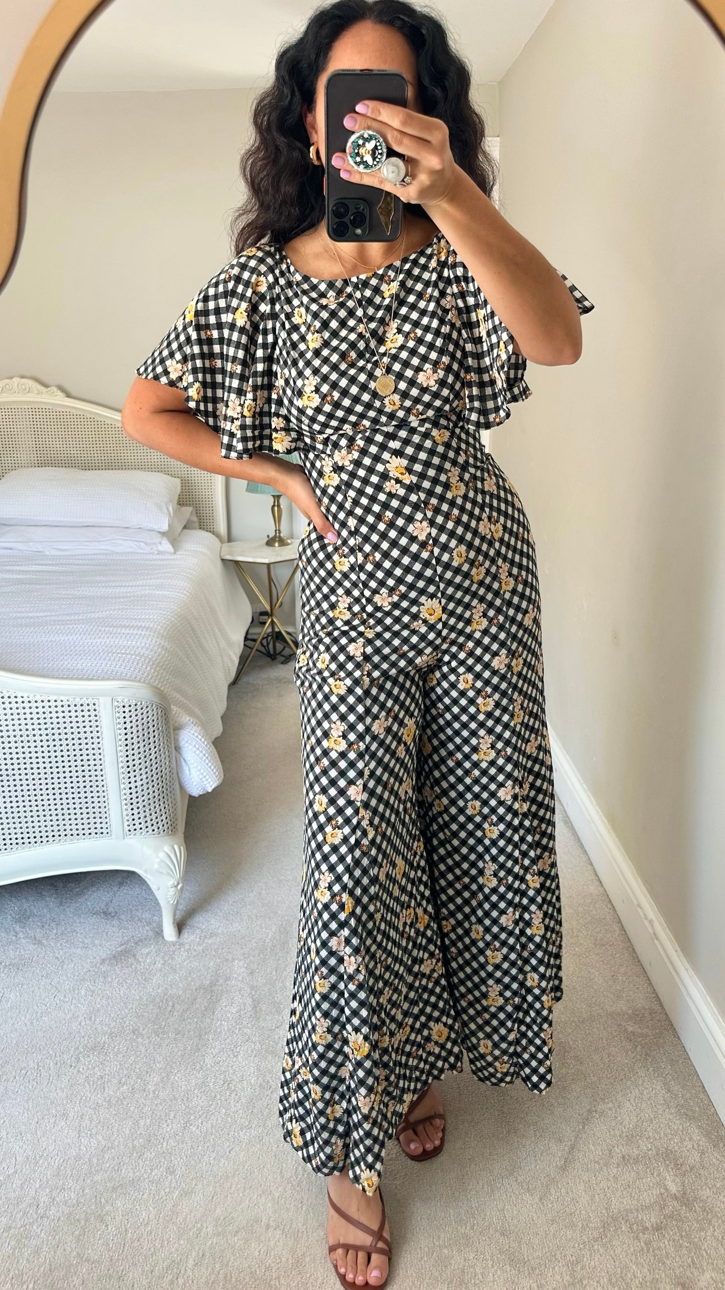 Free people @Anthropologie black white yellow gingham tie back jumpsuit small S UK 8-10 vgc