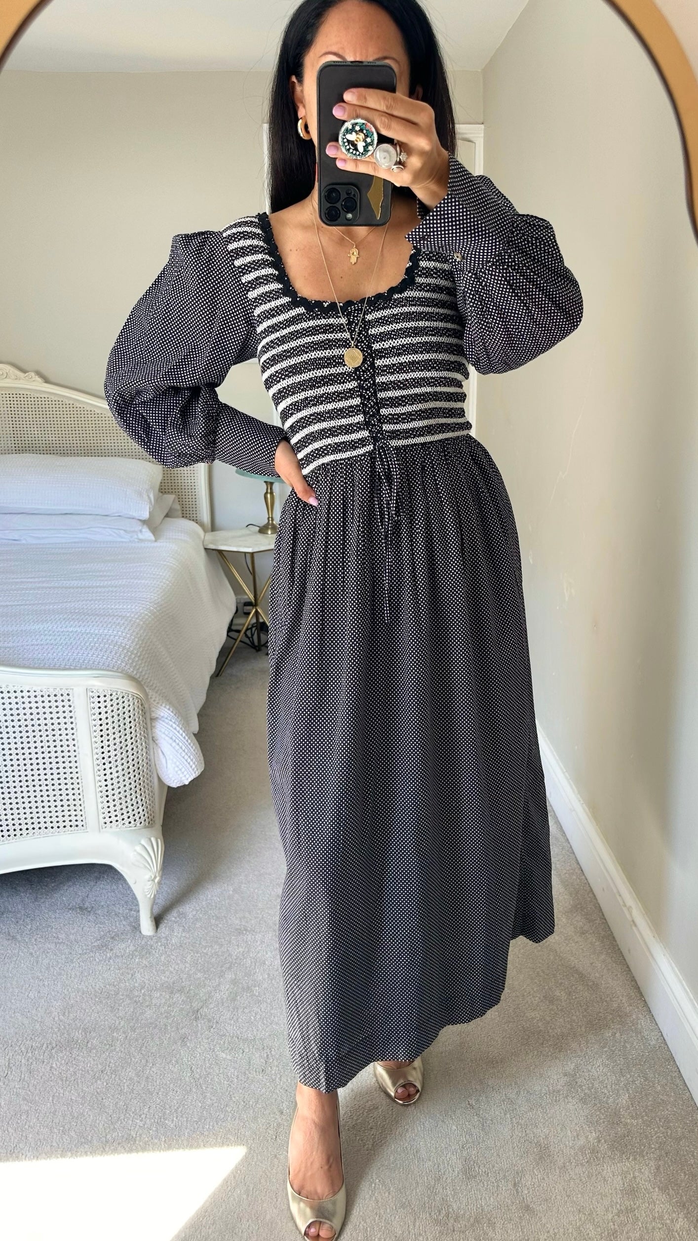 Damson Madder black white polka dot shirred bust vintage style maxi dress large L UK 12 vgc