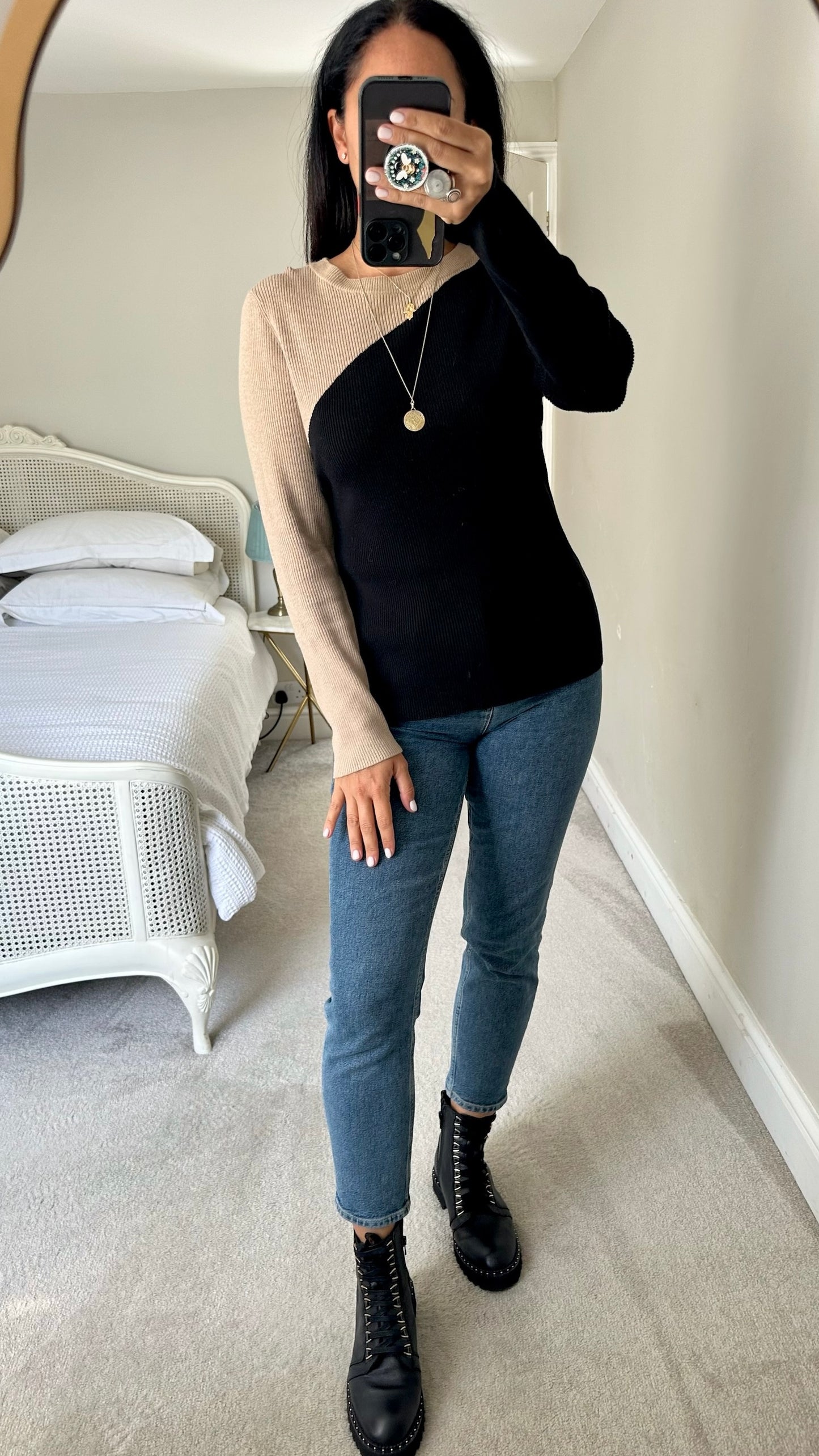 Mint velvet black beige contrast knitted jumper long sleeve top jumper extra large XL UK 14 excellent used condition
