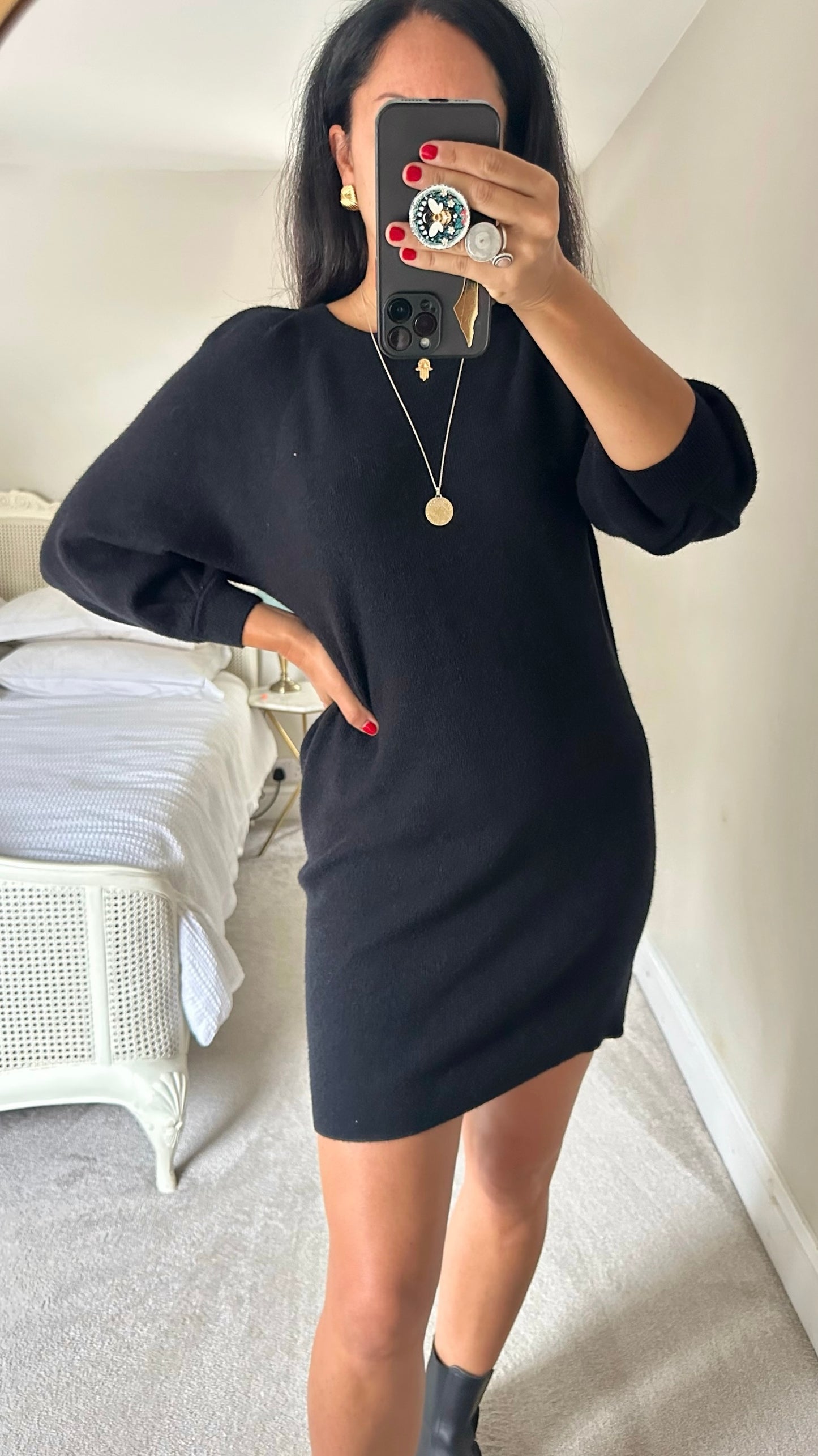 Oliver bonas black knitted midi jumper dress large UK 12 vgc w25