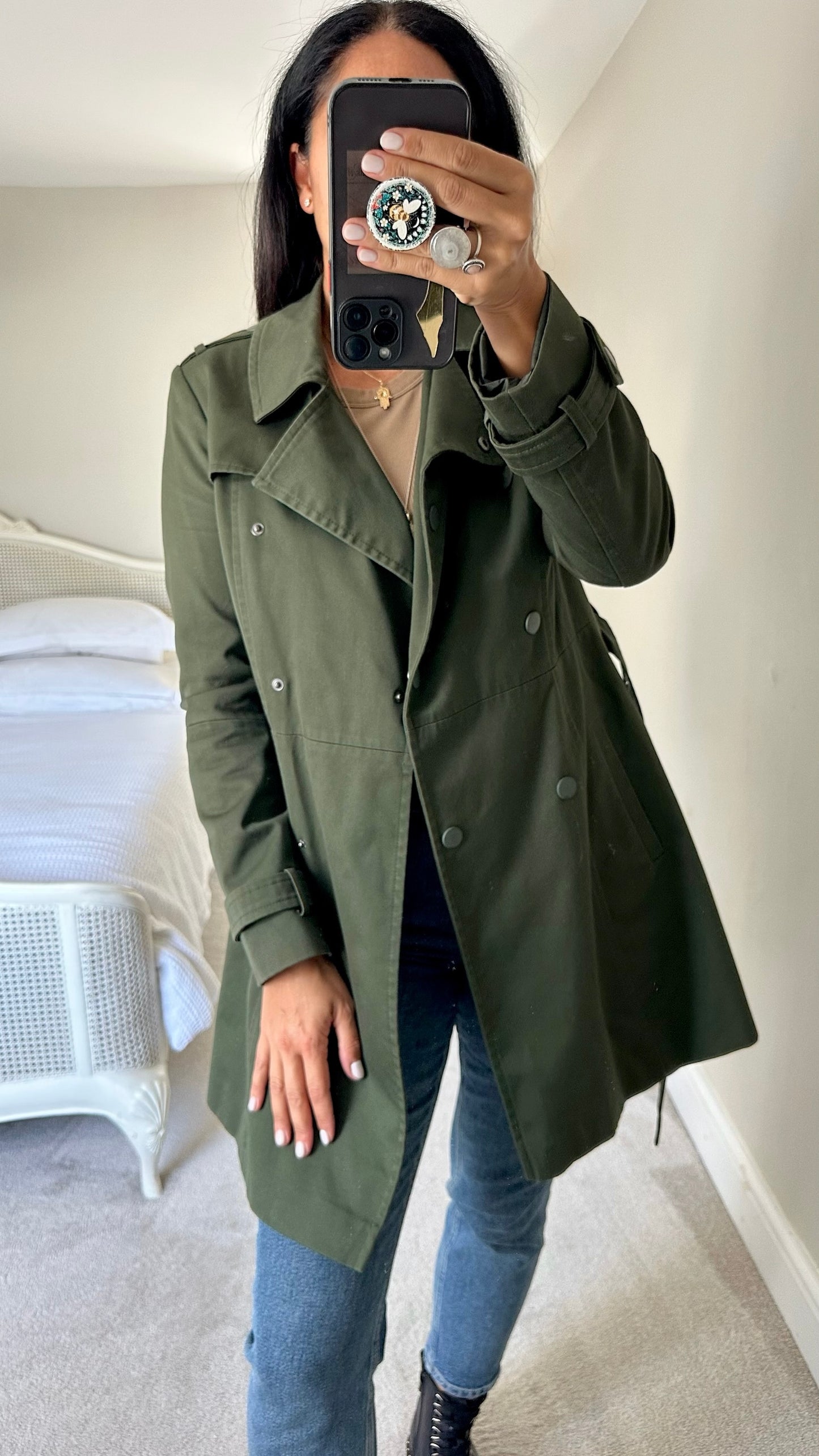 Warehouse khaki olive green tie front trench coat mac jacket large UK 12 vgc w25