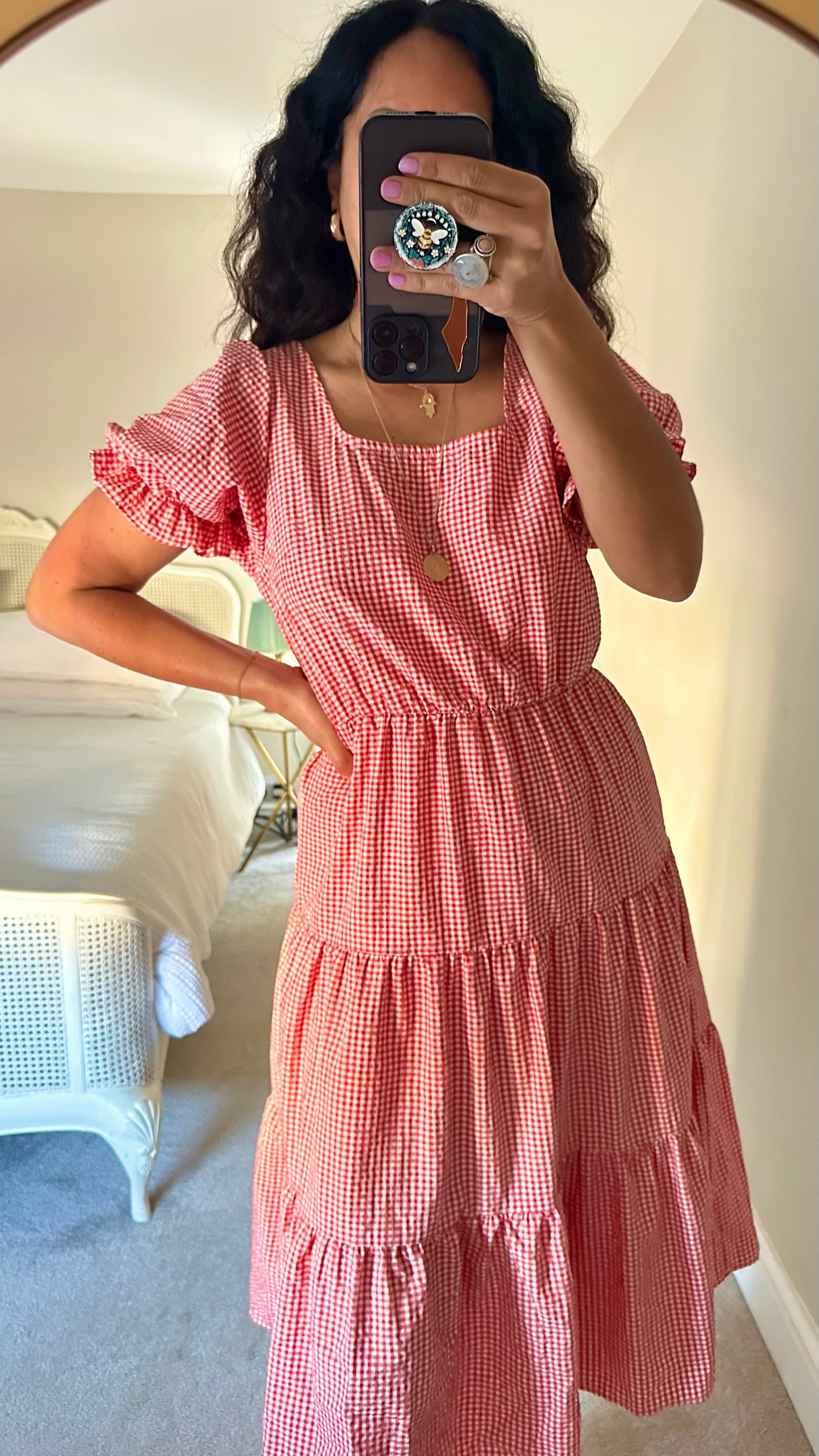 YAS red white gingham check tiered midi long dress medium UK 10 vgc