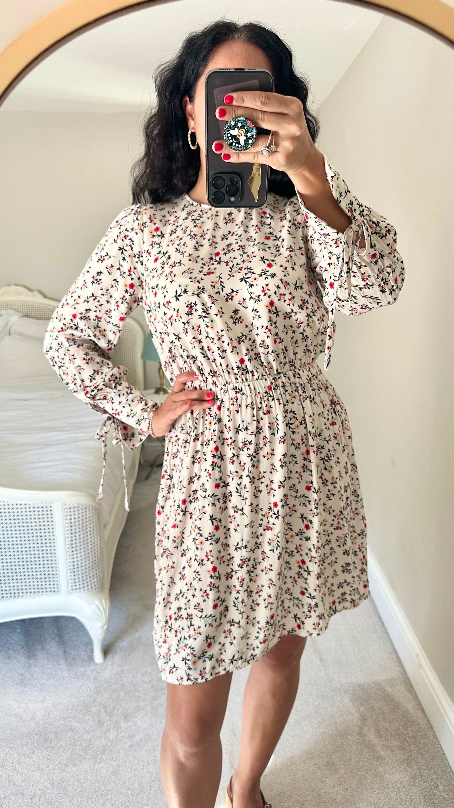 ALIGN @ Anthropologie white cream red backless ditsy floral dress small medium UK 8 10 holiday