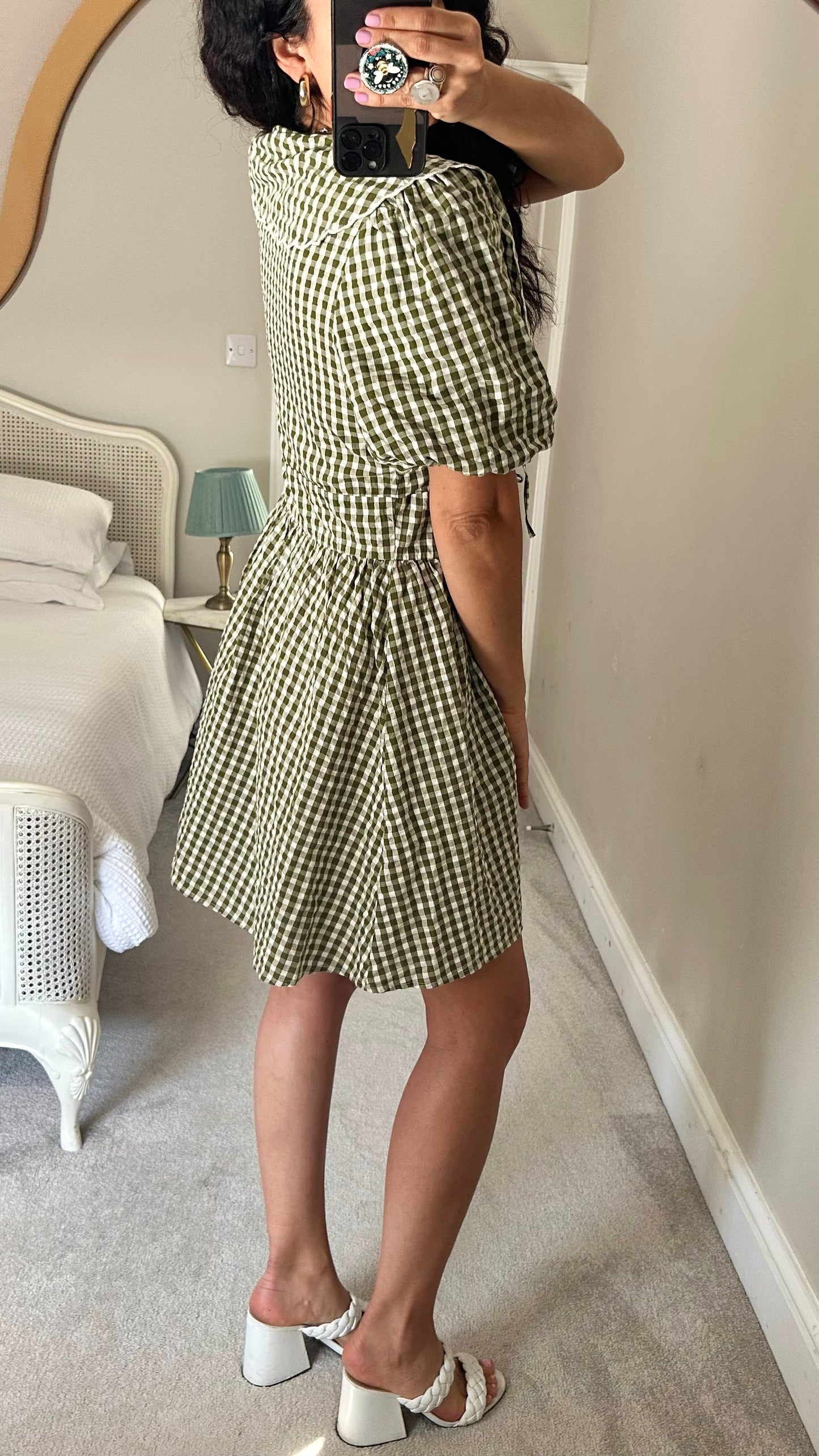 Nobody’s Child khaki green white gingham check mid length casual dress extra large UK 14 vgc