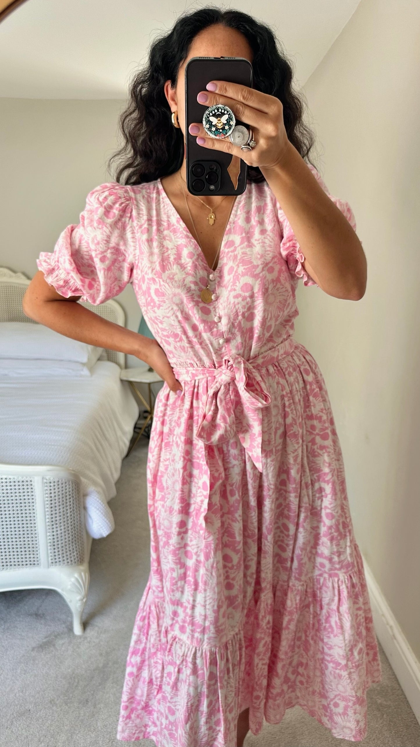Oliver bonas white pink floral linen blend holiday dress medium UK 10 vgc