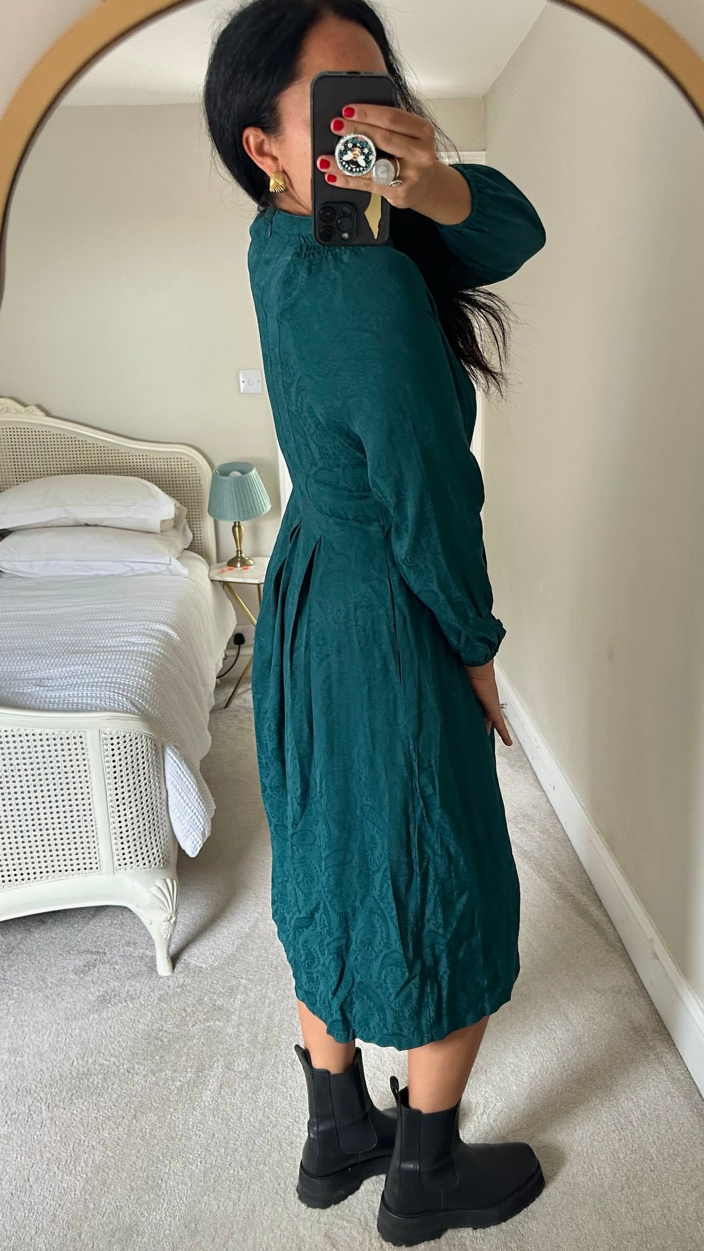 Oliver bonas teal green blue button up midi dress small UK 8-10 vgc w25