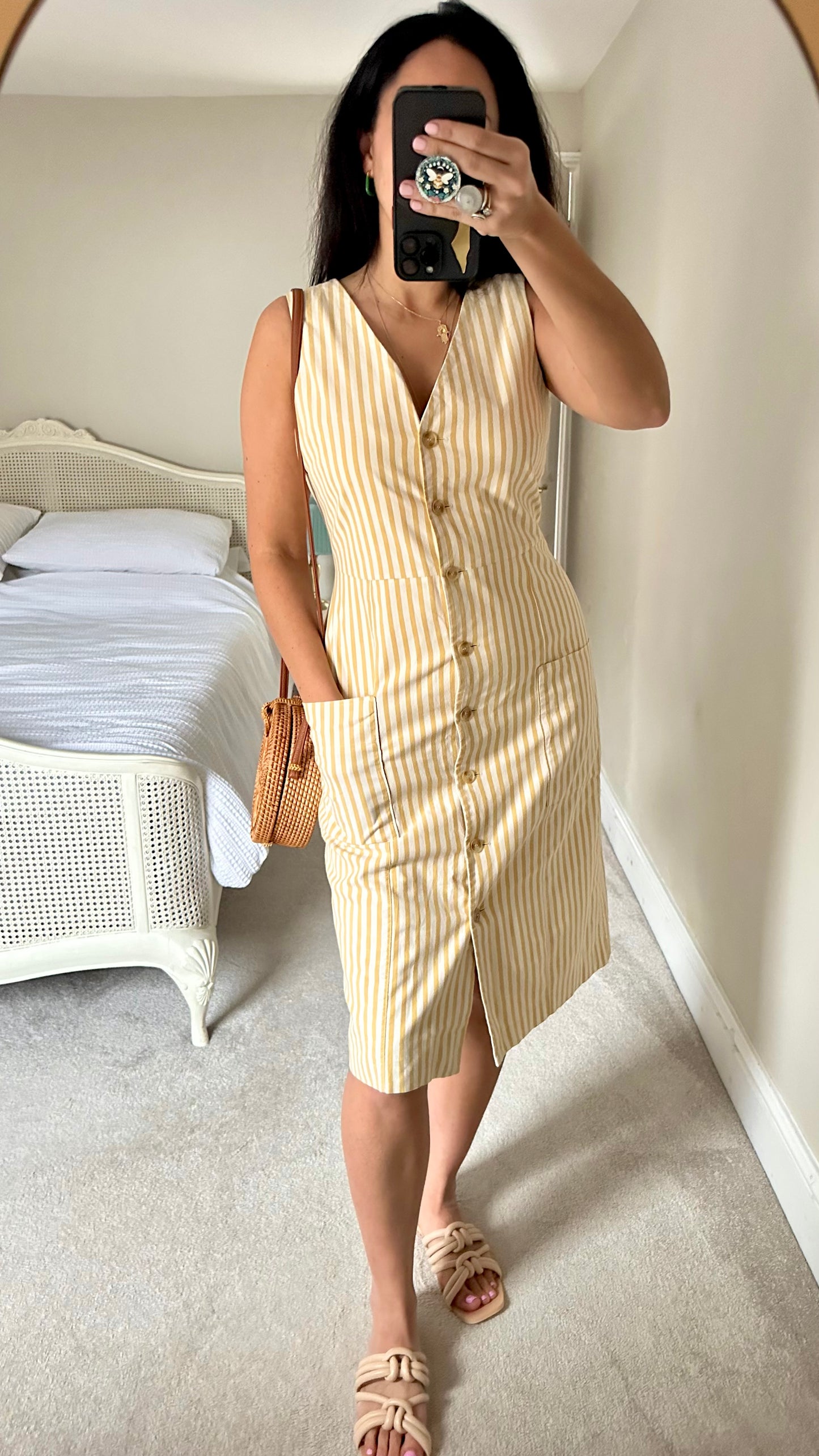 Warehouse mustard yellow white stripe button up midi casual dress length holiday dress extra large UK 12-14 vgc