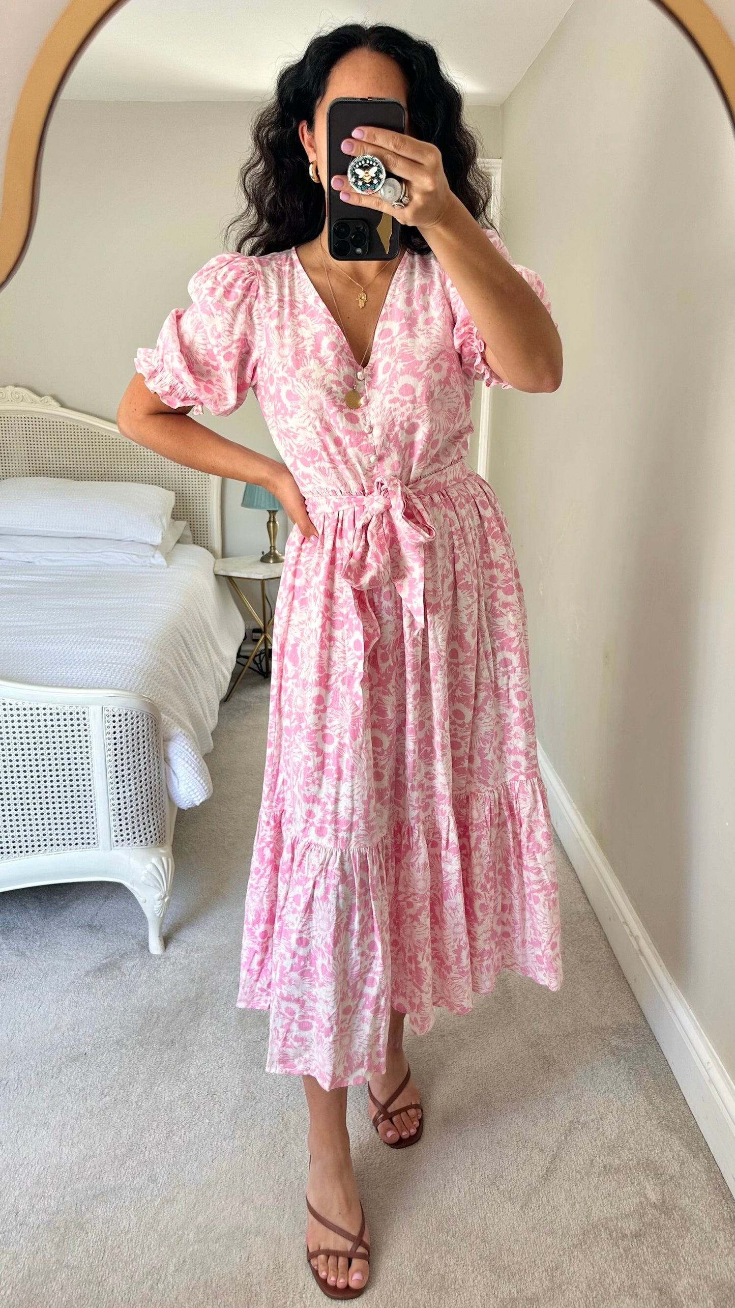 Oliver bonas white pink floral linen blend holiday dress medium UK 10 vgc