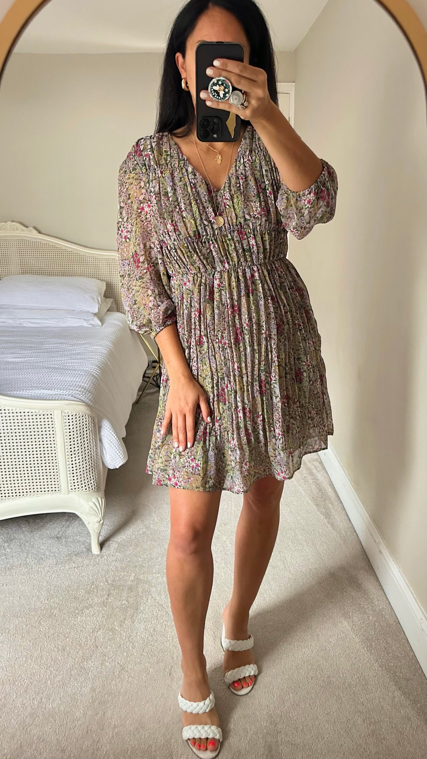 Mango khaki olive lilac green mini smock dress medium UK 10 vgc