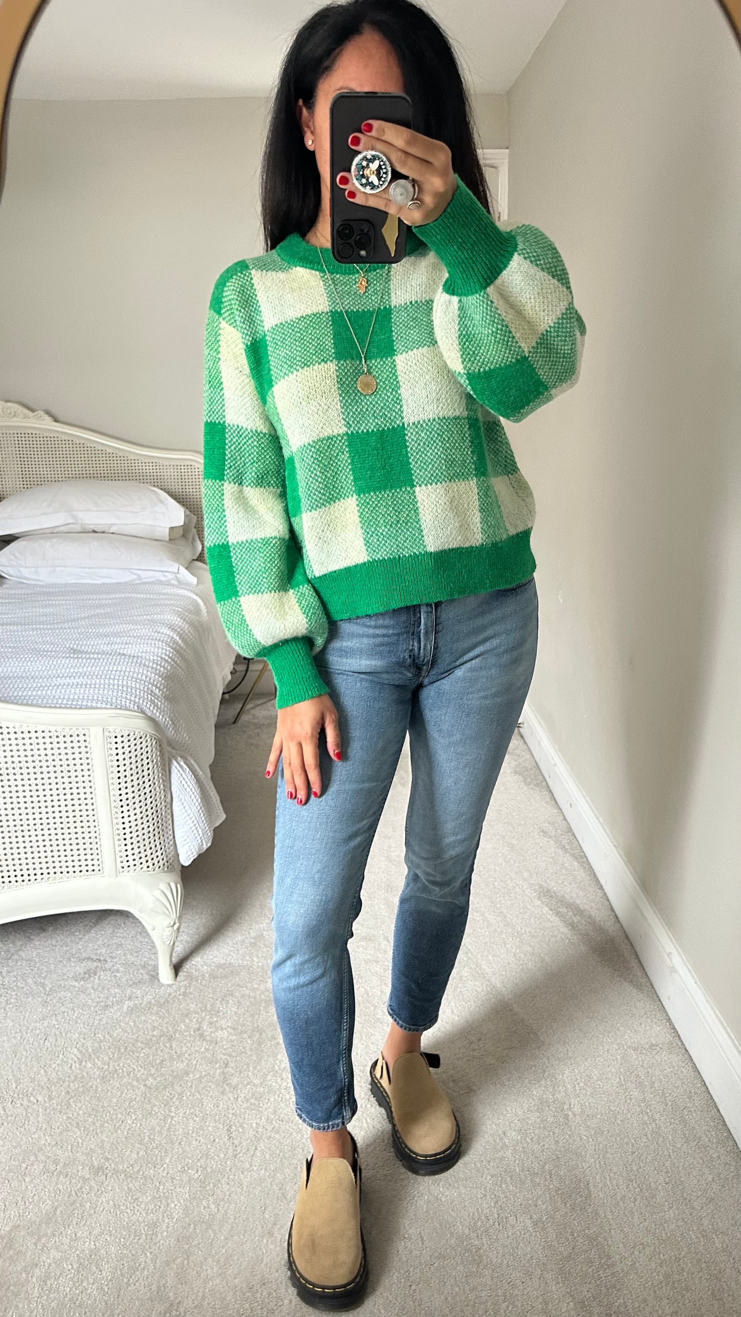 Kitri Green cream gingham check knitted jumper small UK 8 vgc