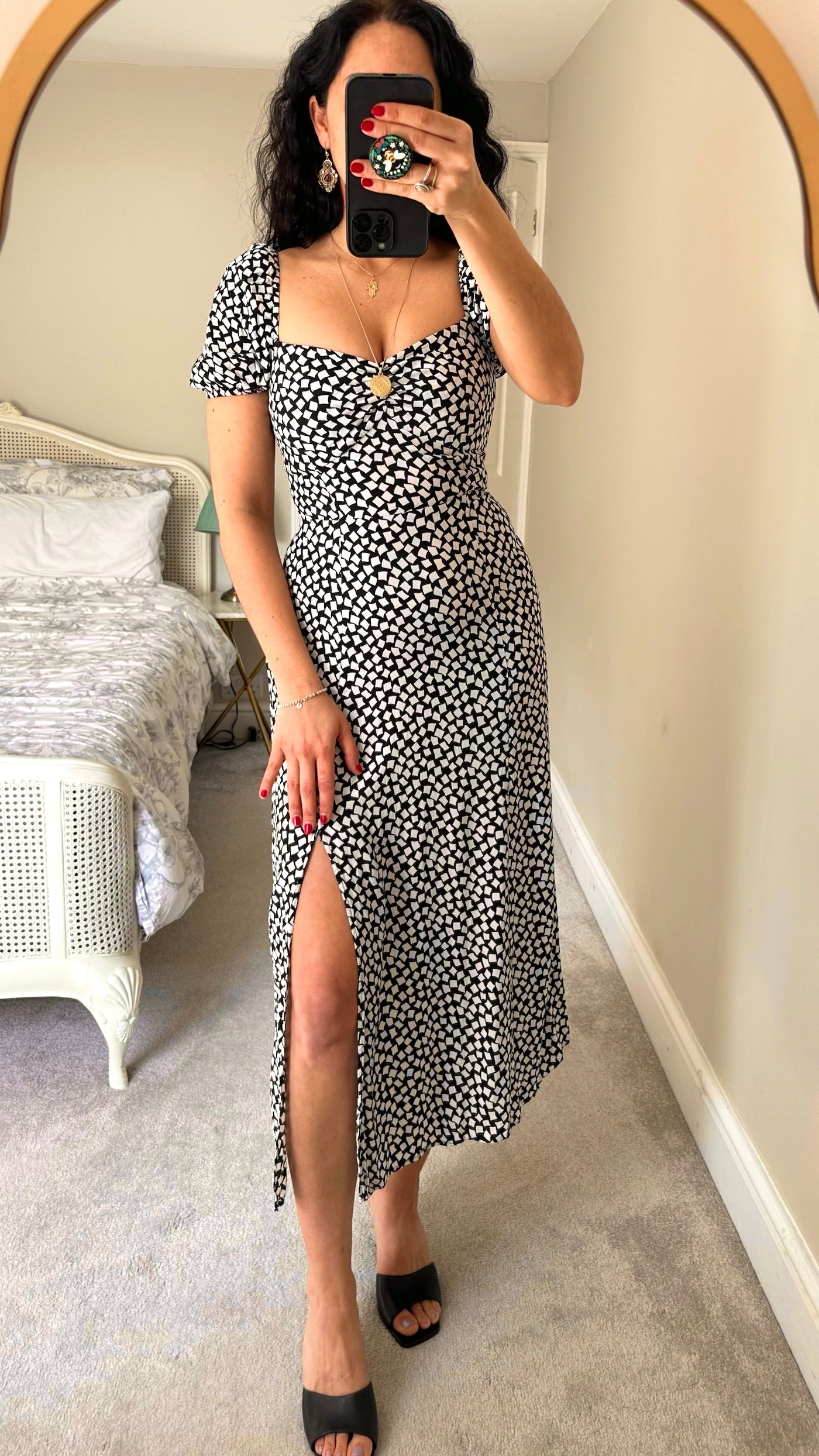 & other stories black and white square print split midi dress large UK 12-14 vgc