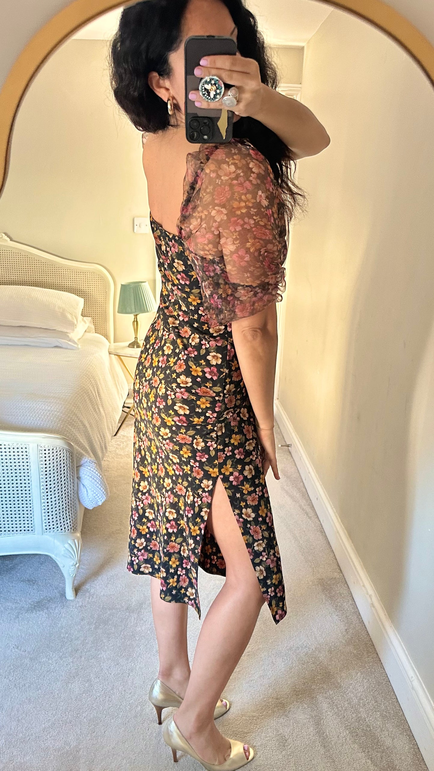 Topshop black puff sleeve event floral dress small UK 8 10 vgc