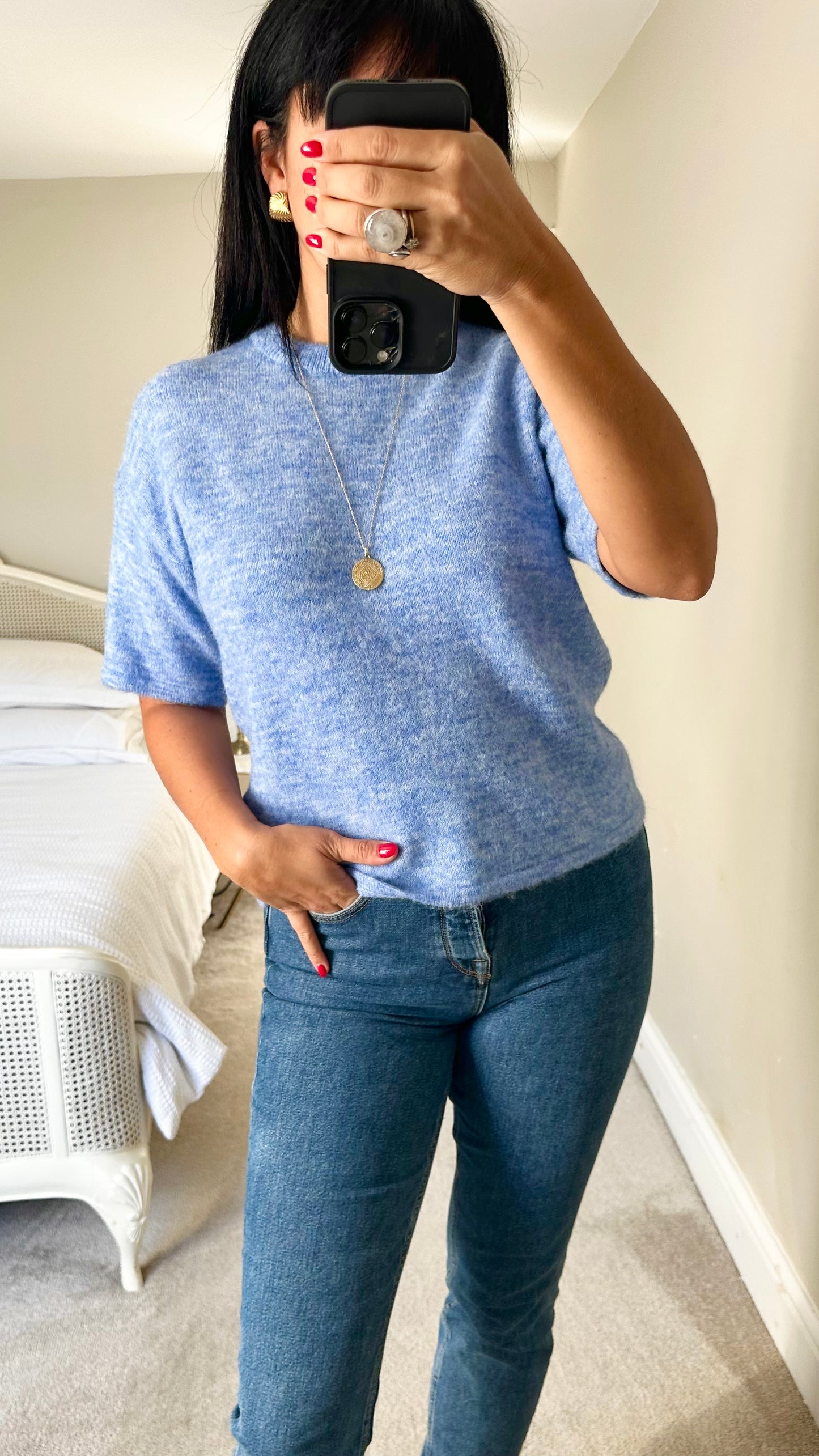 Selected femme @Anthropologie light blue merino wool blend short sleeve knitted jumper small S UK 8 NWT