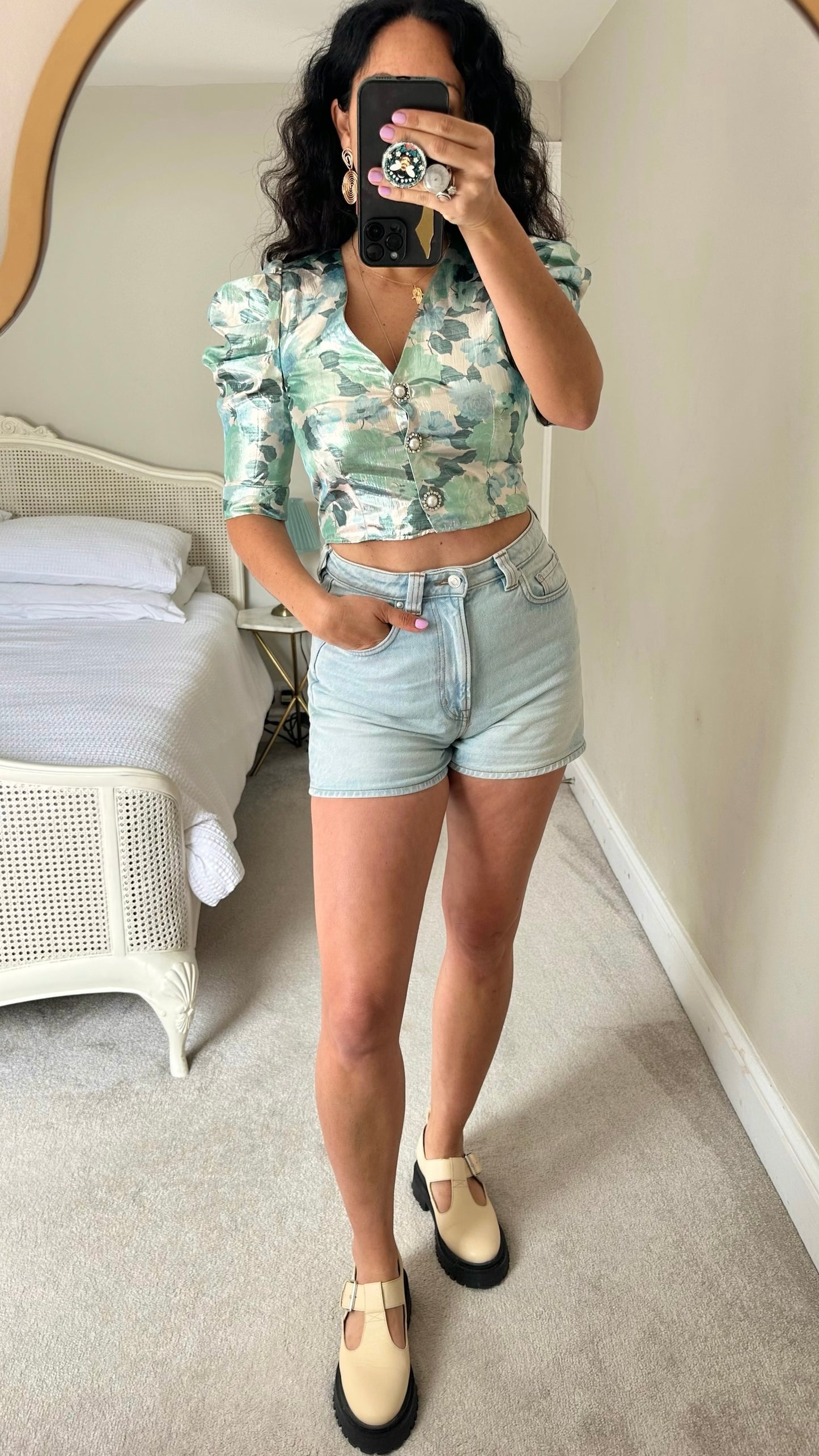 Zara light green blue leaf print shimmer shirt festival small S UK 8 vgc