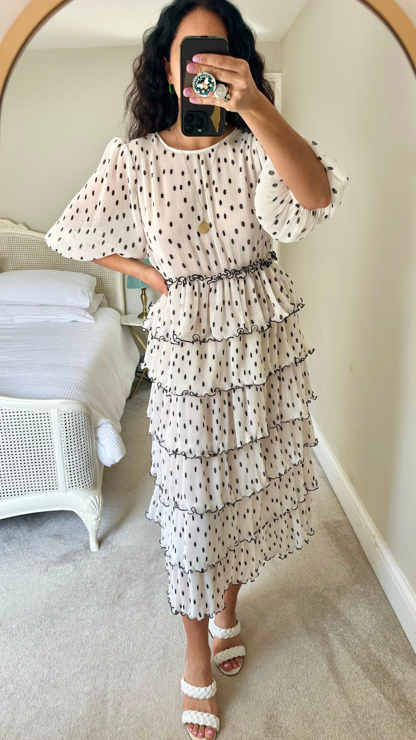 Ganni @ Net a Porter white cream black polka dot tiered maxi midi occasion event dress large UK 12 vgc