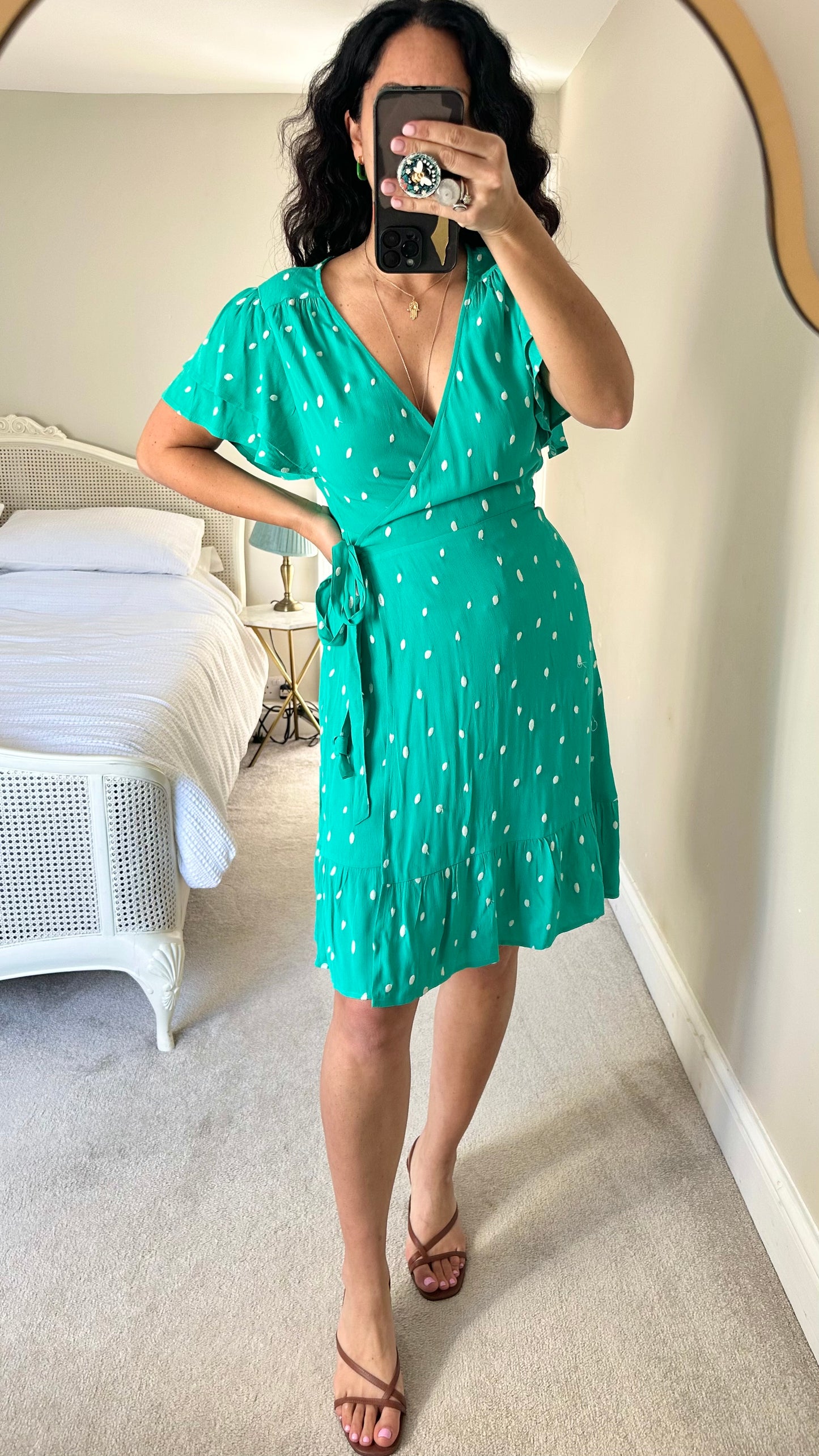 Fabienne Chapot turquoise green embroidered polka dot wrap even dress small UK 8 10 vgc