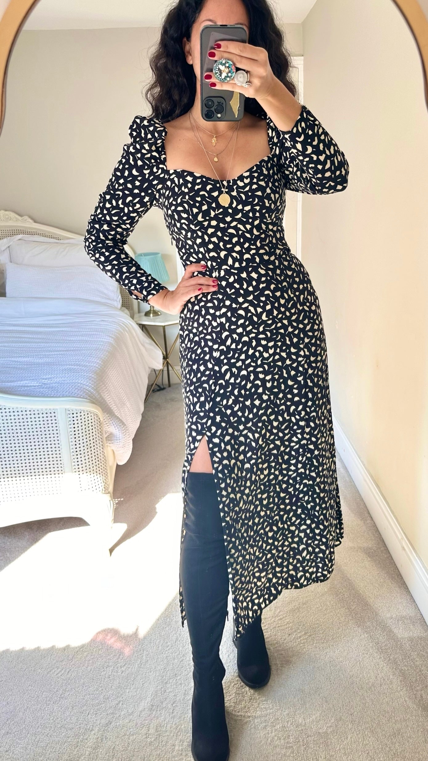 & Other stories black and cream abstract side split long sleeve midi dress extra large UK 14-16