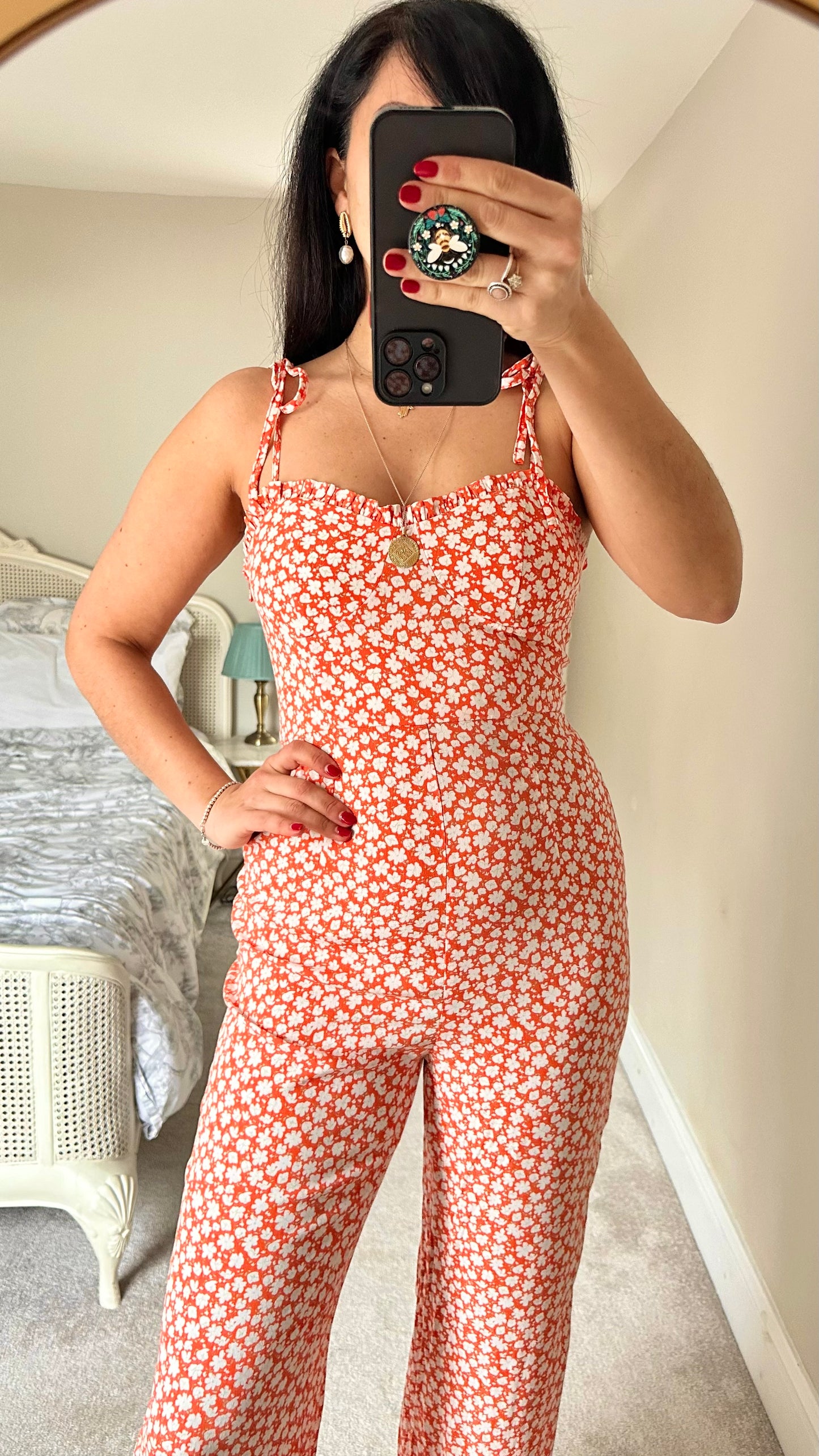 Mango orange white floral jumpsuit trousersuit extra large UK 14 longline holiday vgc