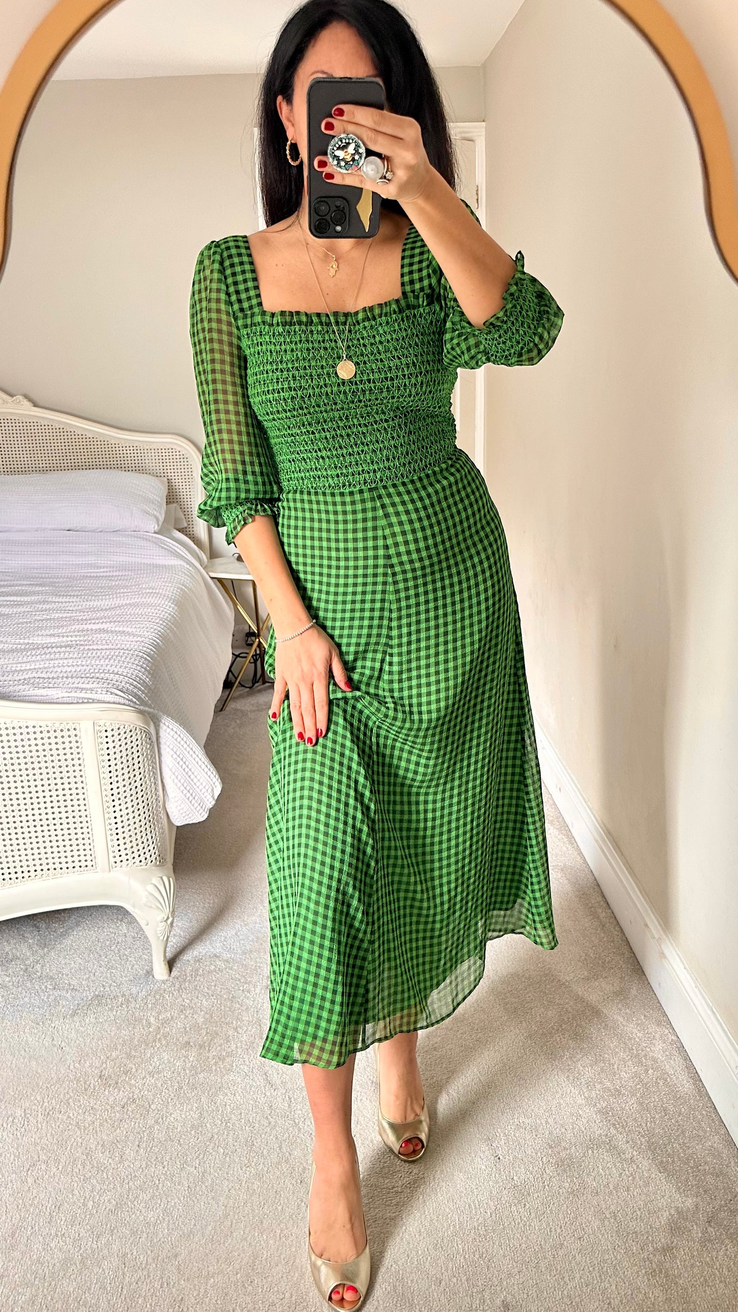 Whistles black green gingham shirred bust midi dress small UK 8 vgc