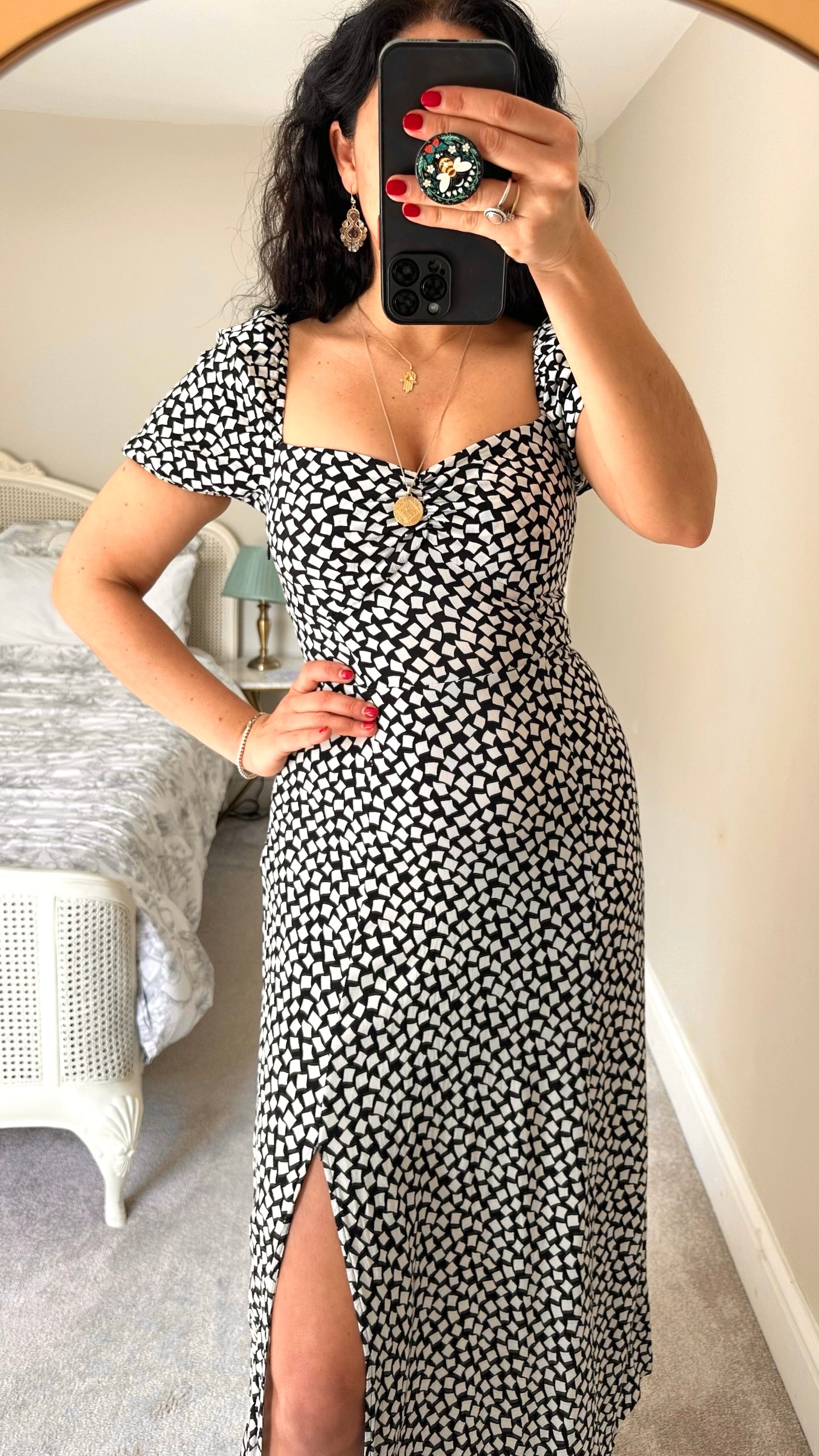 & other stories black and white square print split midi dress large UK 12-14 vgc