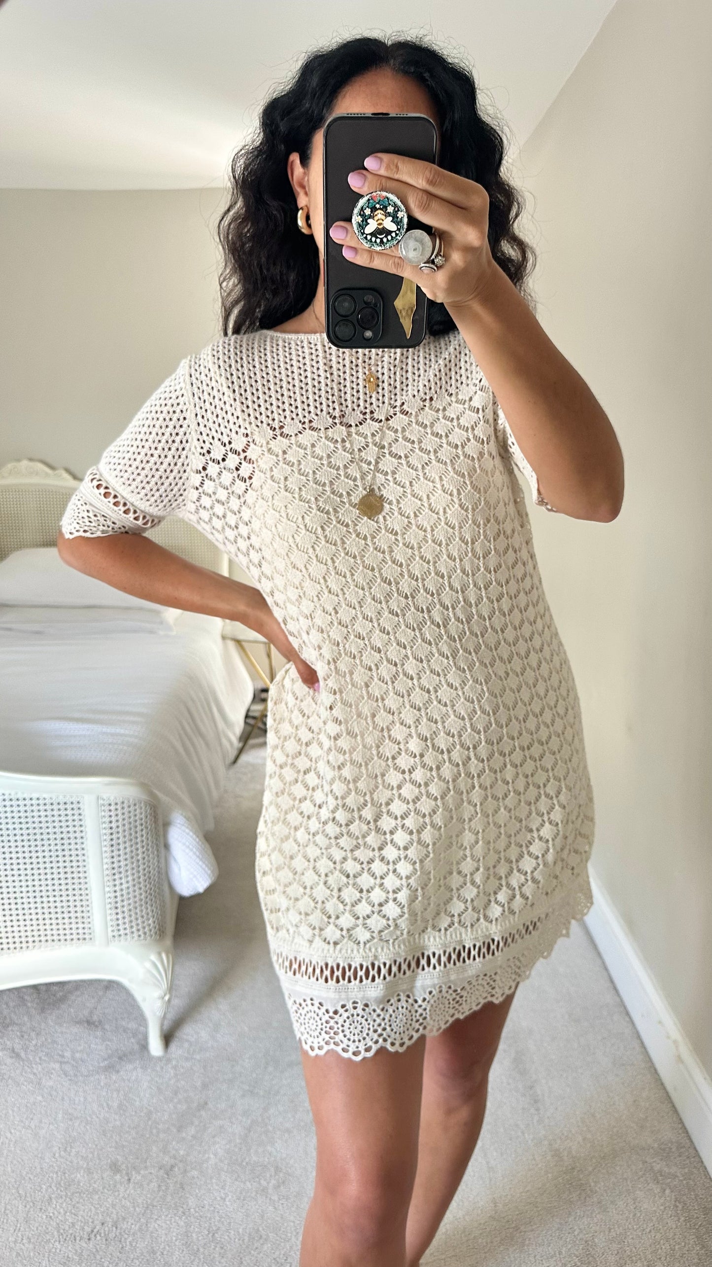 Zara cream white crochet mini dress medium UK 10 vgc holiday