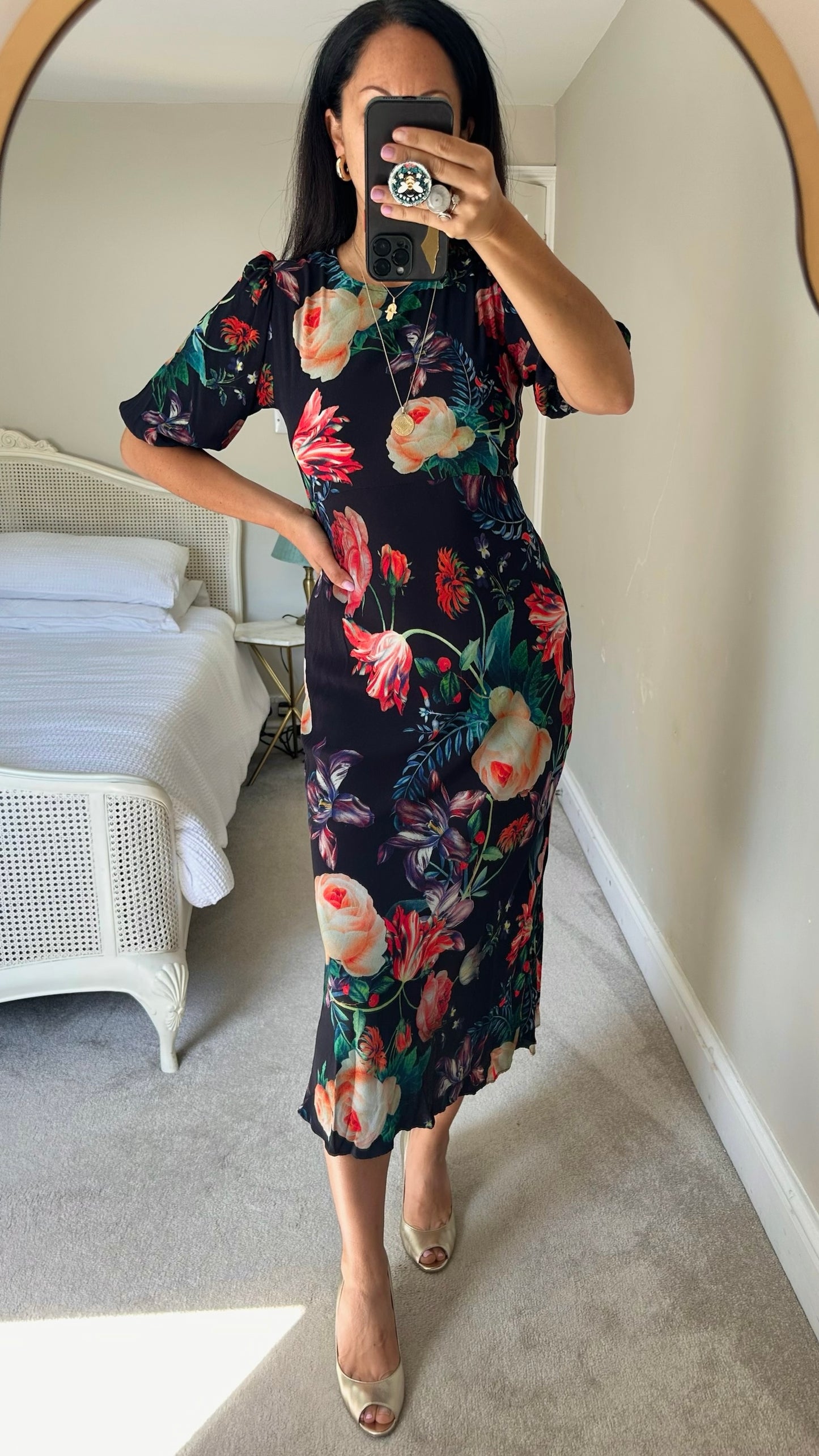 Anthropologie black red white floral print midaxi dress wedding guest event medium M UK 10 vgc