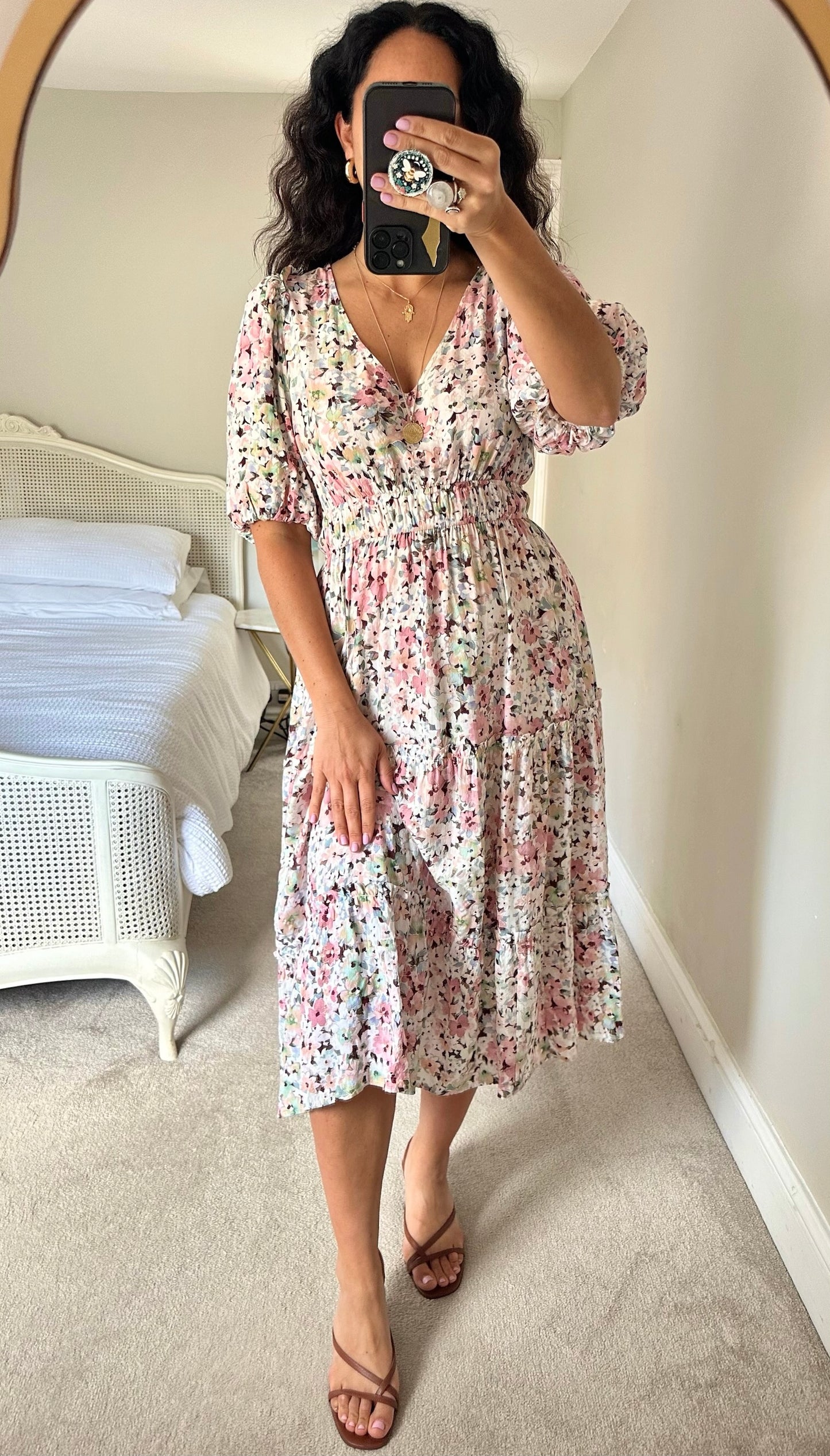 Oliver Bonas wedding guest pink floral midi dress extra large UK 14 vgc