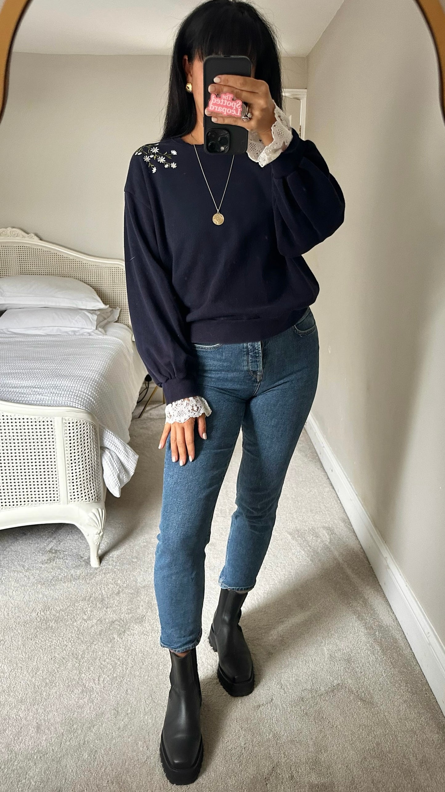 Olive navy blue floral embroidered lace jumper sweater large L UK 12 excellent used condition