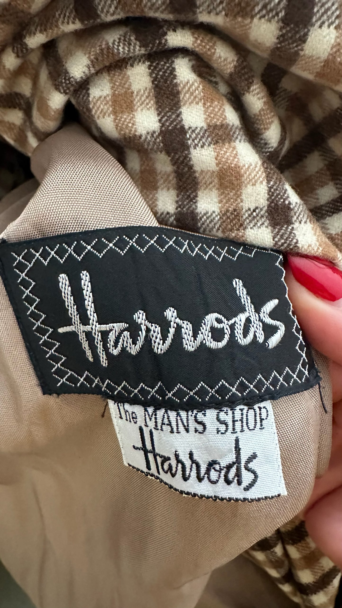 Harrods vintage green gingham lined trench coat jacket extra large UK 14 vgc