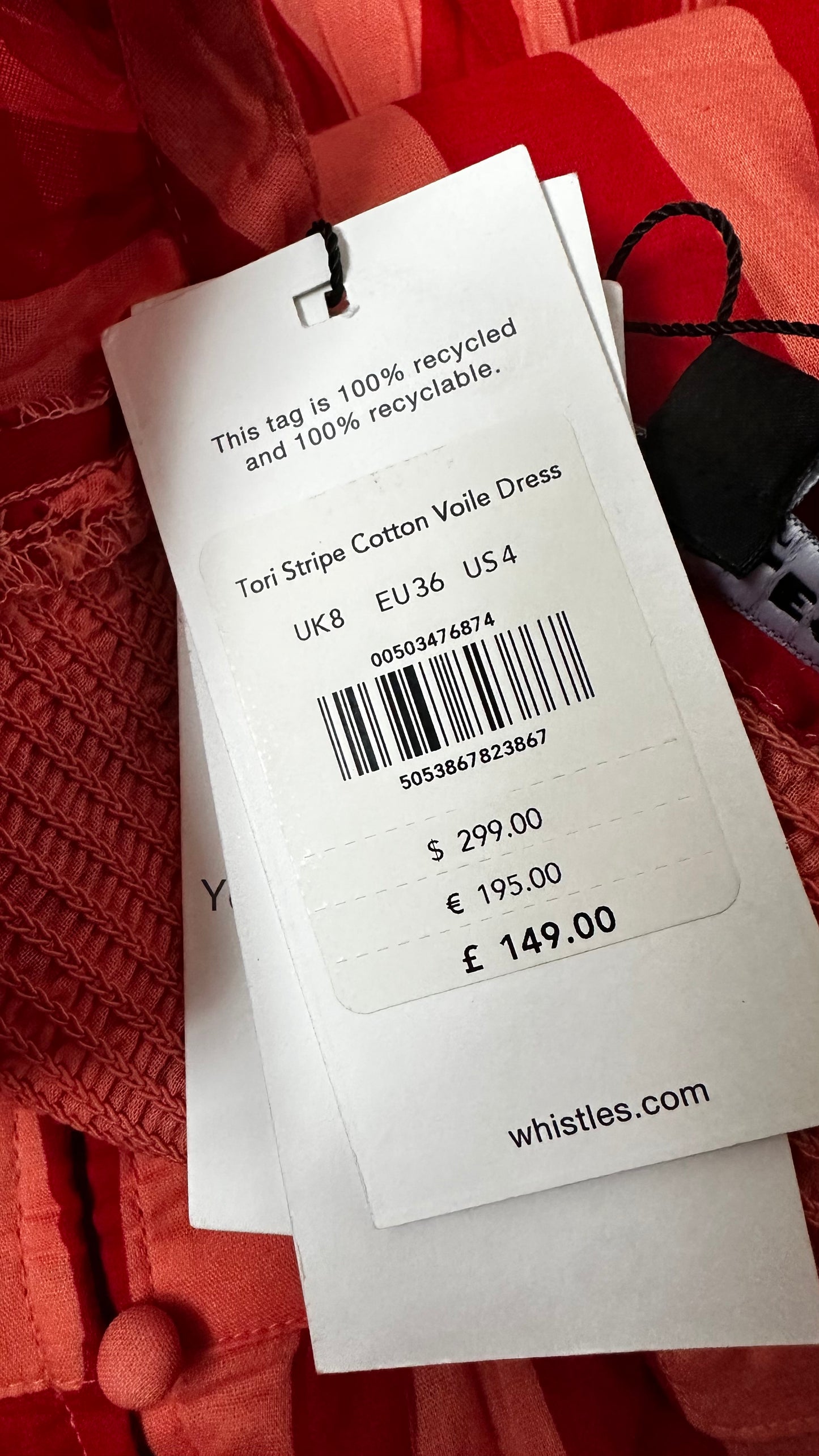 Whistles red coral stripe cotton button up midi dress small UK 8 new