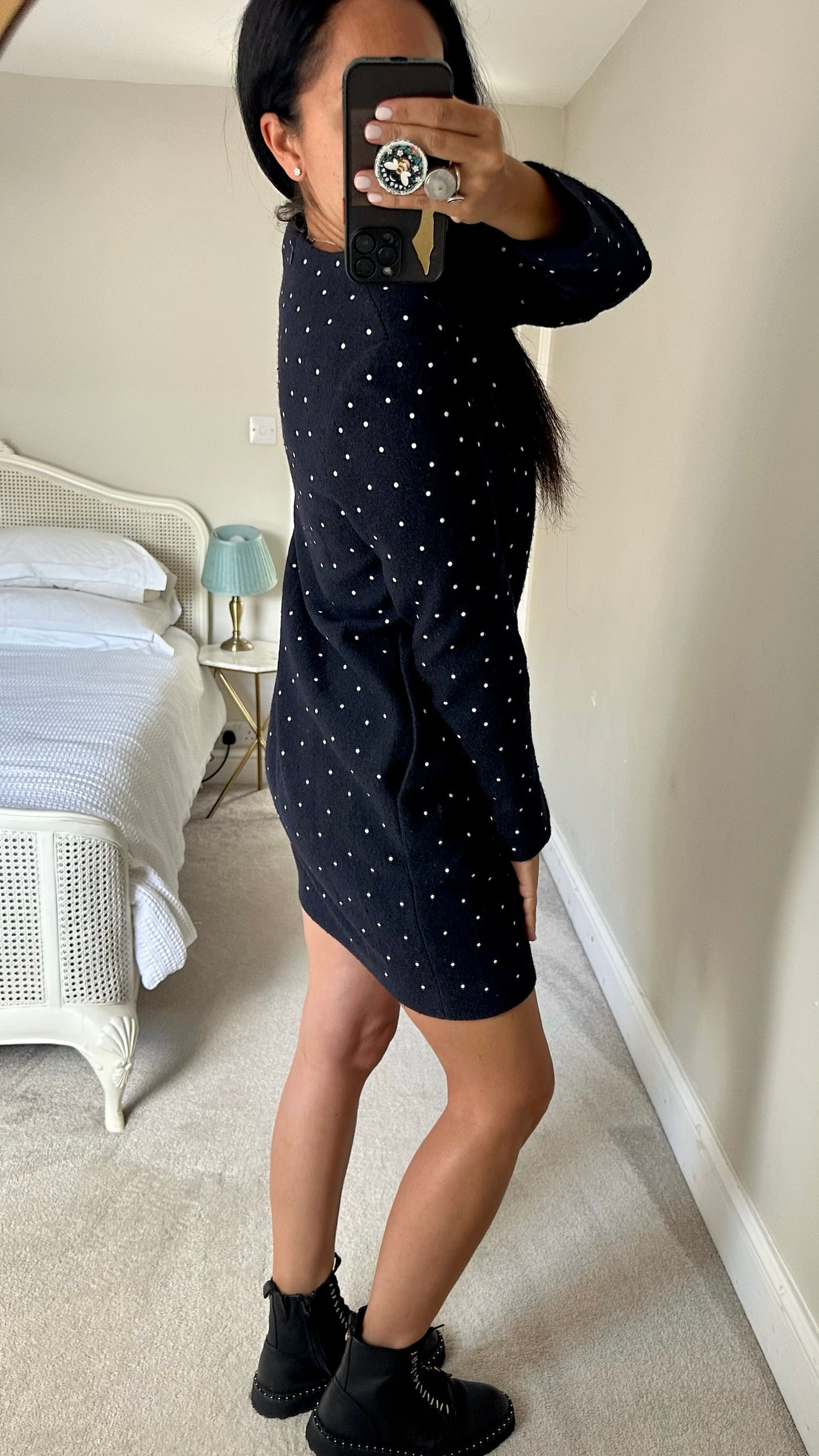 Cos navy blue white polka dot wool blend mini dress large L UK 12 excellent used condition