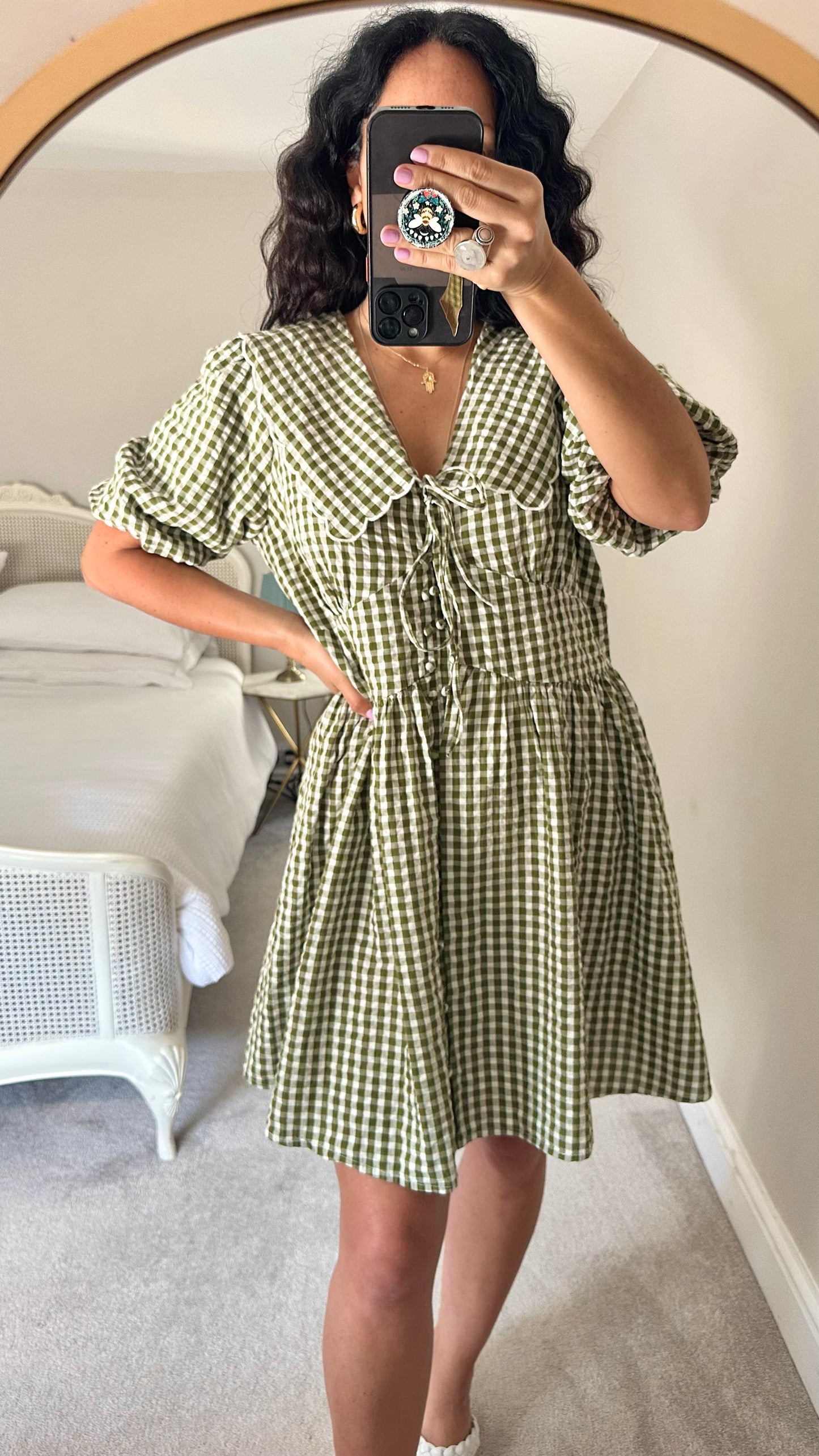 Nobody’s Child khaki green white gingham check mid length casual dress extra large UK 14 vgc