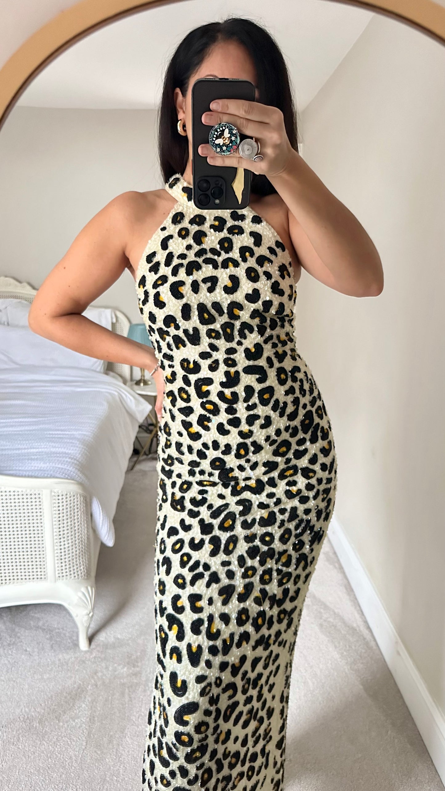 ASOS black tie party gala dress maxi long small UK 8 leopard print sequin leopard print