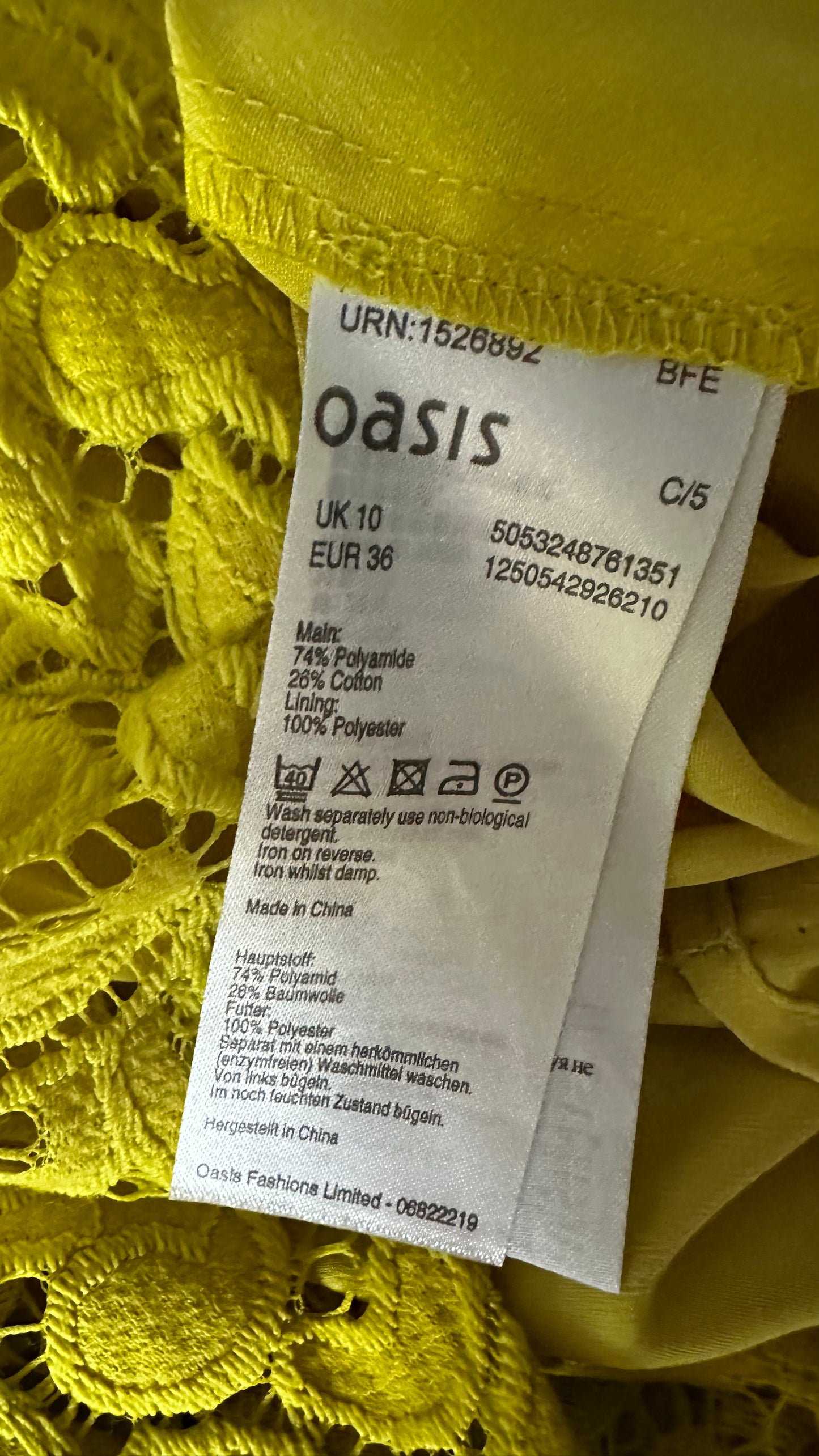 Oasis acid yellow lace mini event dress small UK 10 vgc