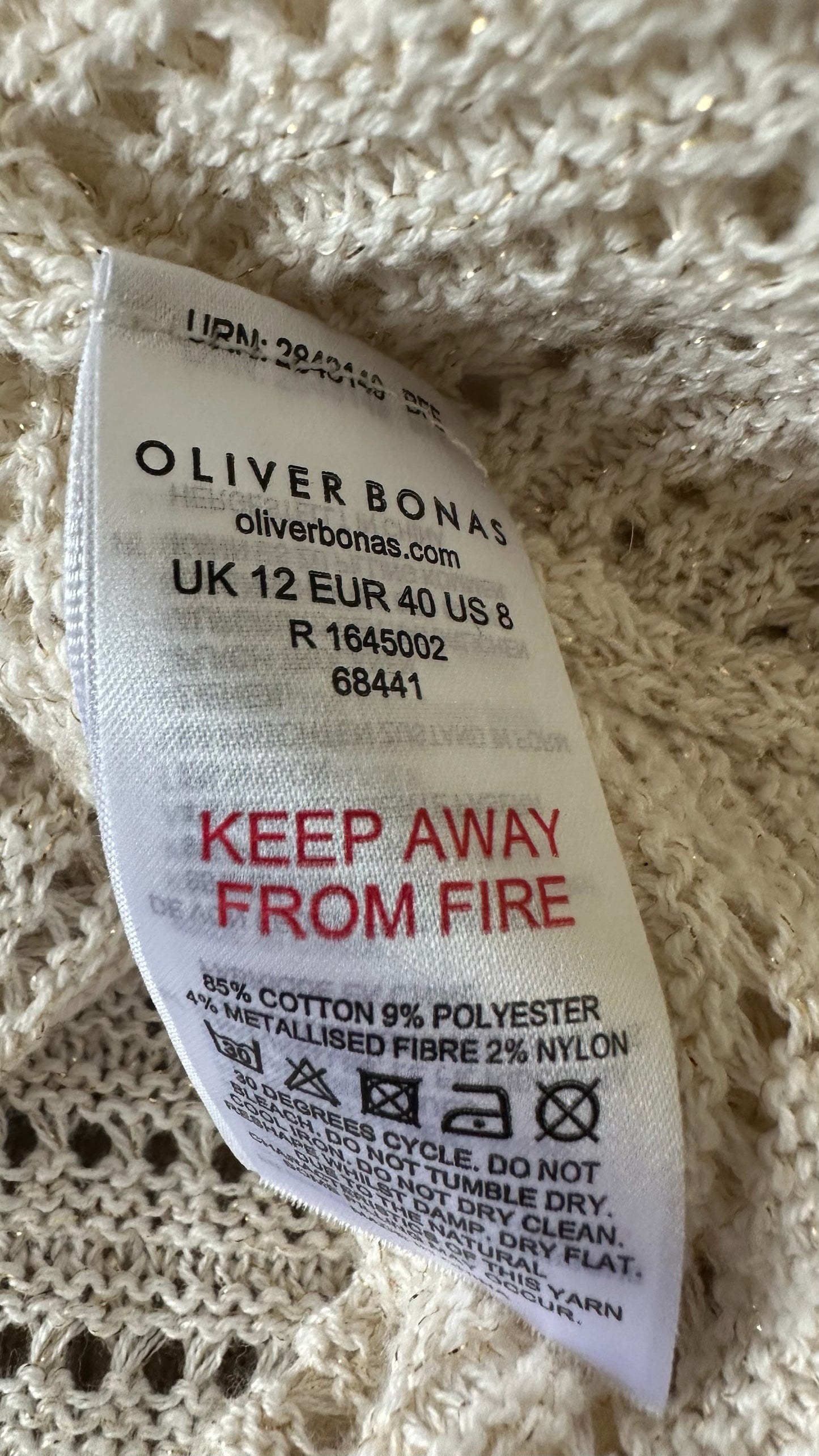 Oliver bonas cream gold crochet organic cotton knitted cardigan jumper large UK 12-14 vgc w25