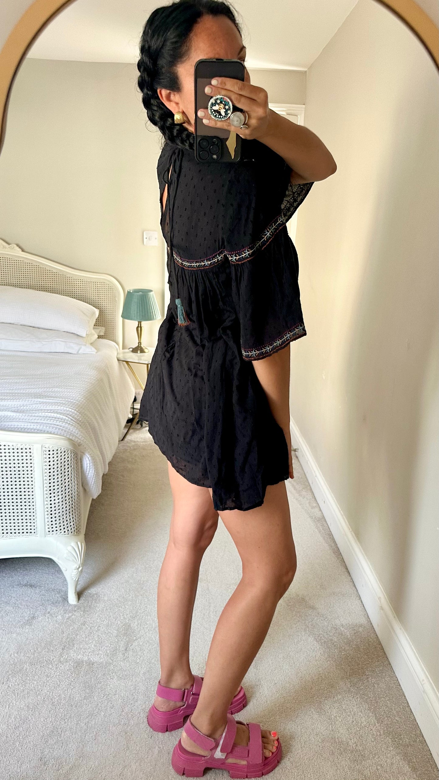 Zara black cotton playsuit shorts romper large UK 12 boho festival