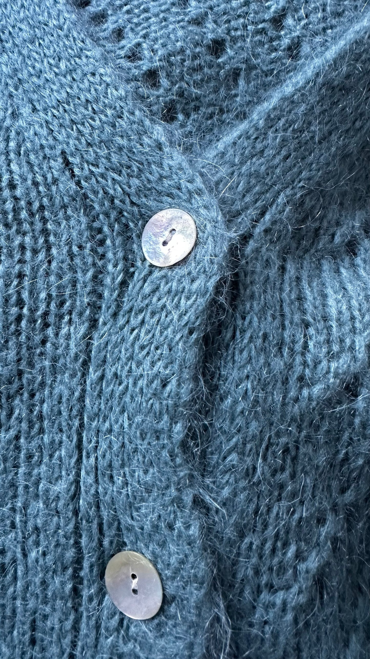 Maelys teal turquoise blue crotchet knit mohair blend button up cardigan medium large ML UK 10-12 excellent used condition