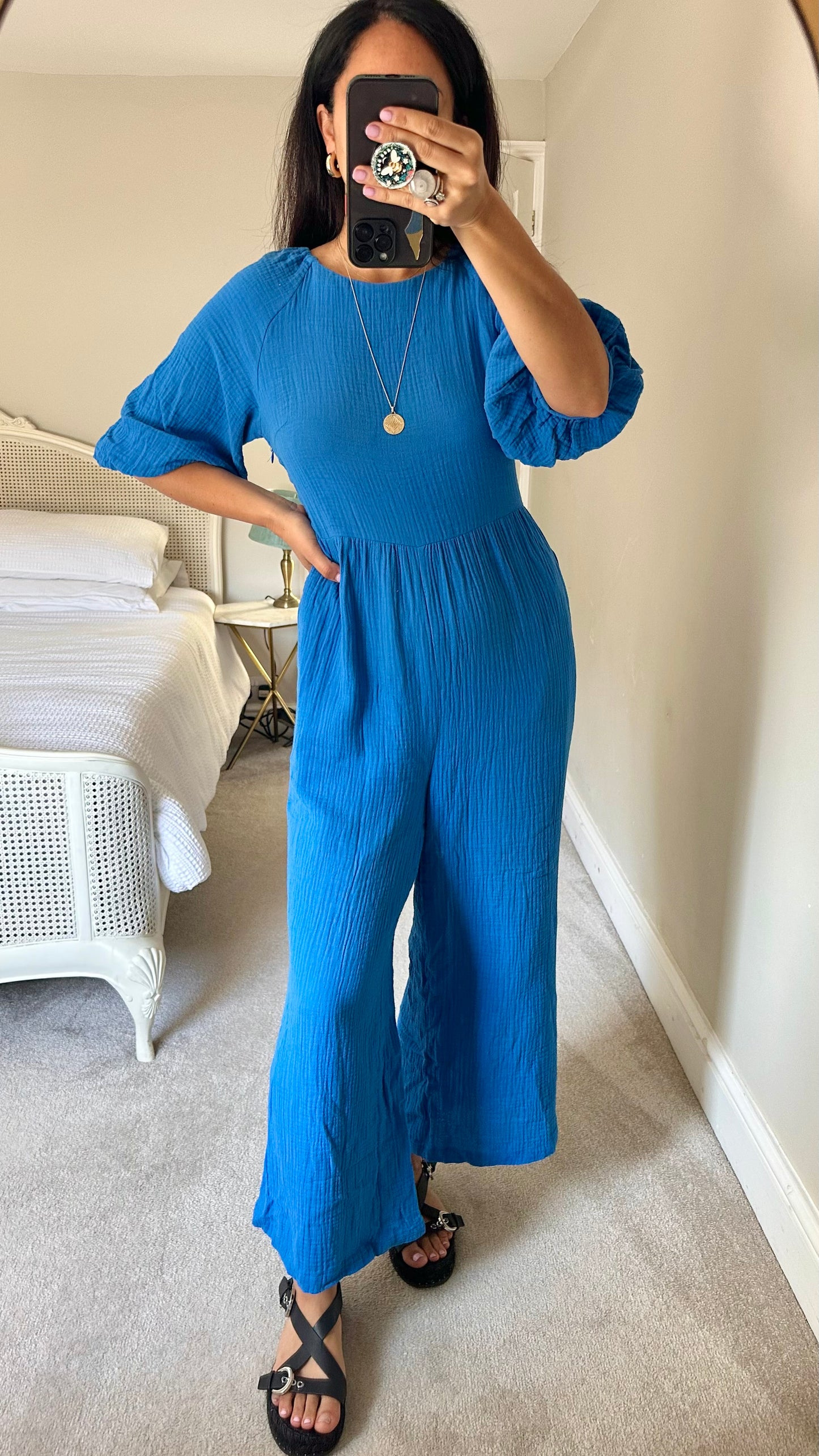 FRNCH cobalt blue cotton oversized jumpsuit playsuit trousersuit small UK 8 vgc
