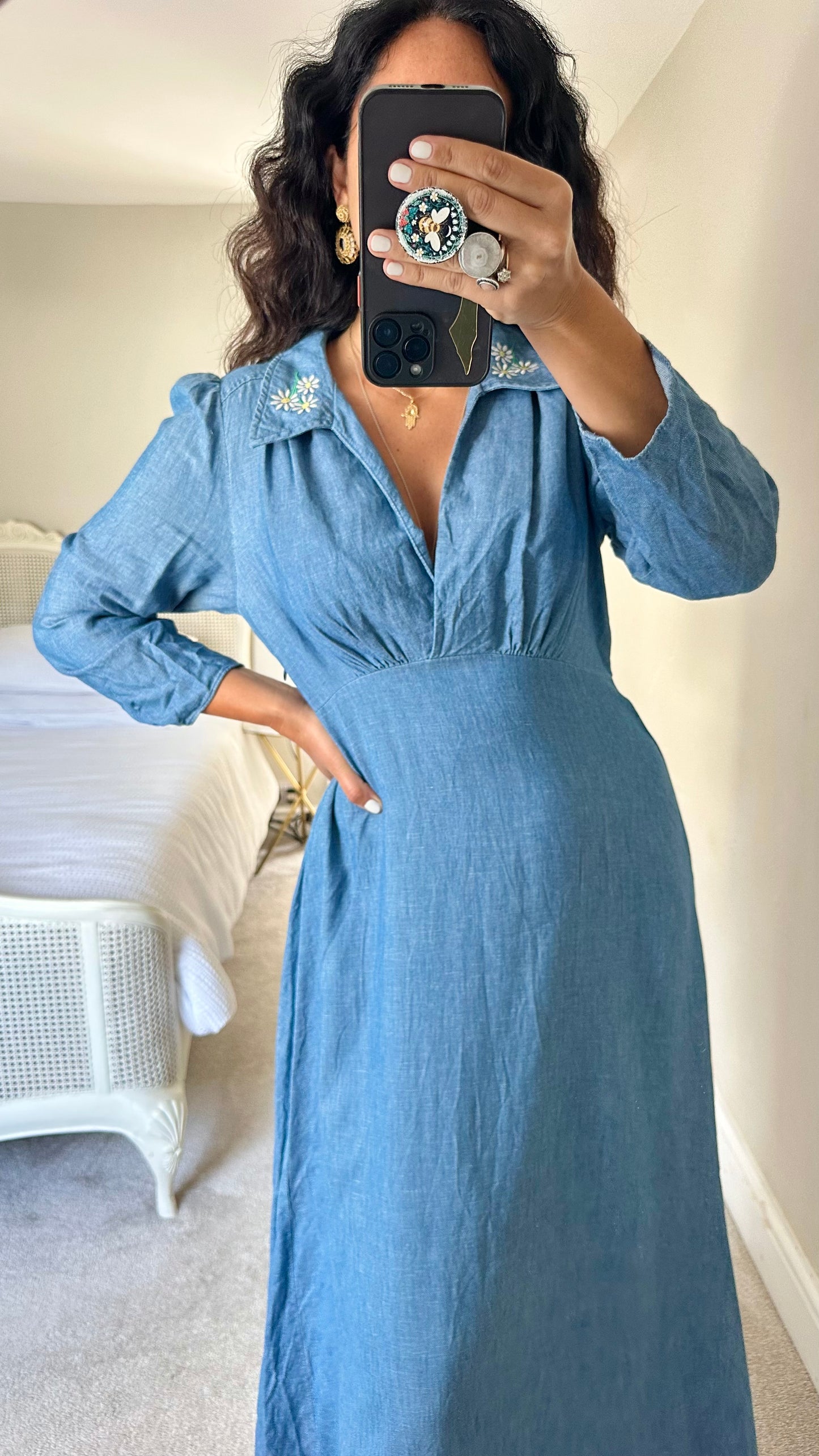 RIXO light blue denim long daisy print midi maxi dress medium UK 10 vgc