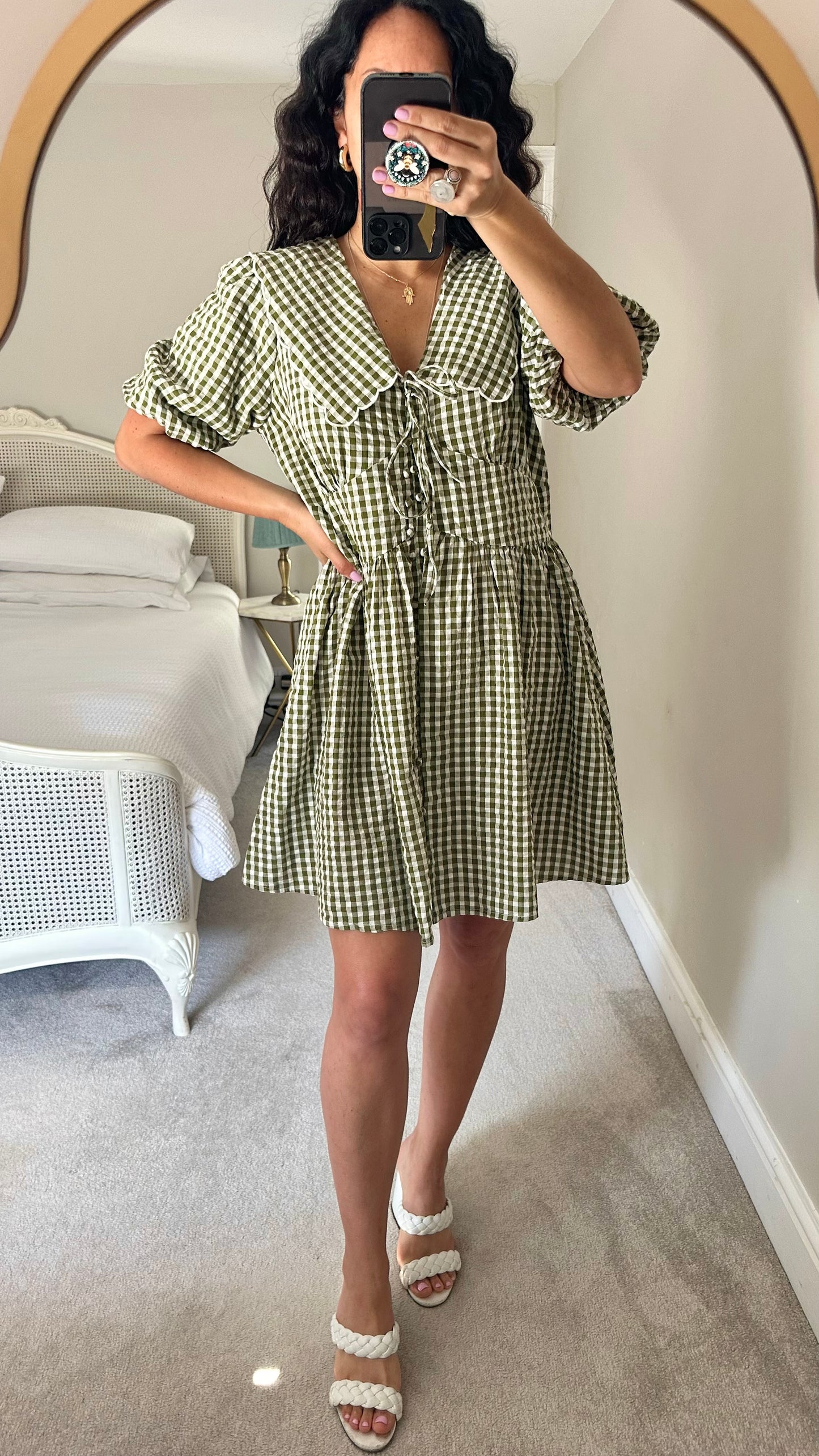 Nobody’s Child khaki green white gingham check mid length casual dress extra large UK 14 vgc