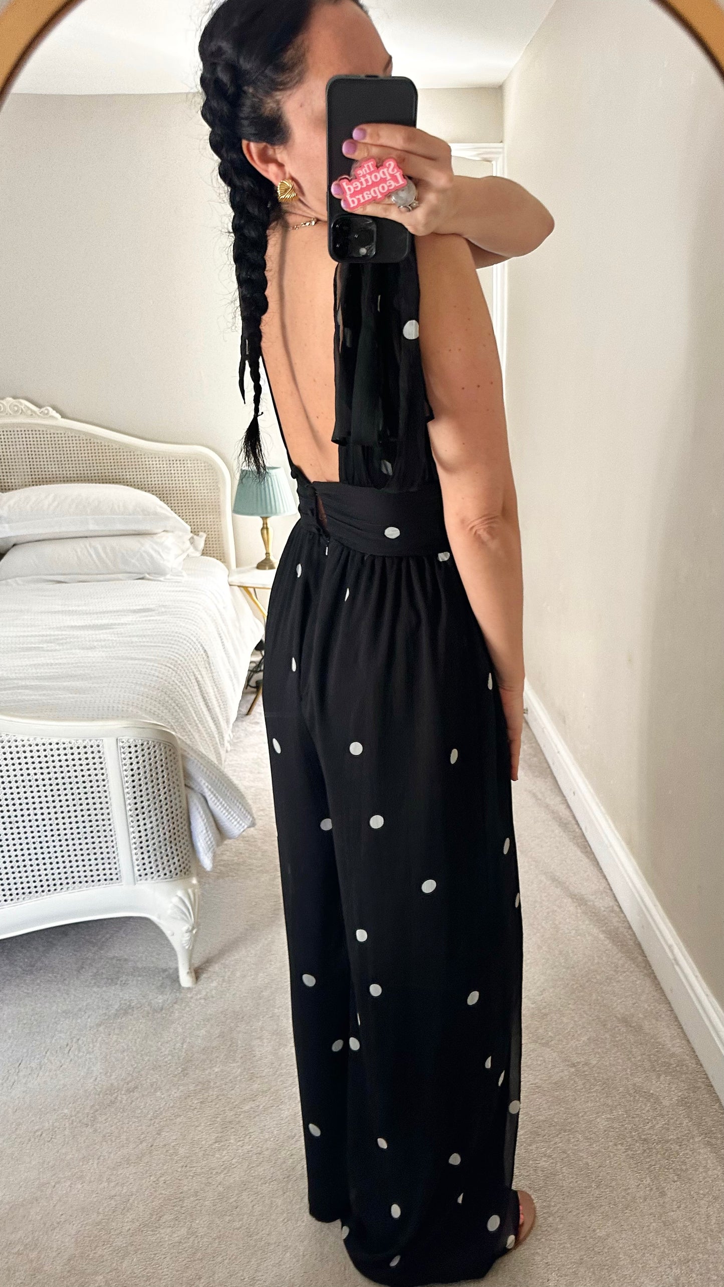 ASOS black white polka dot plunge jumpsuit event eveningwear UK 10 vgc