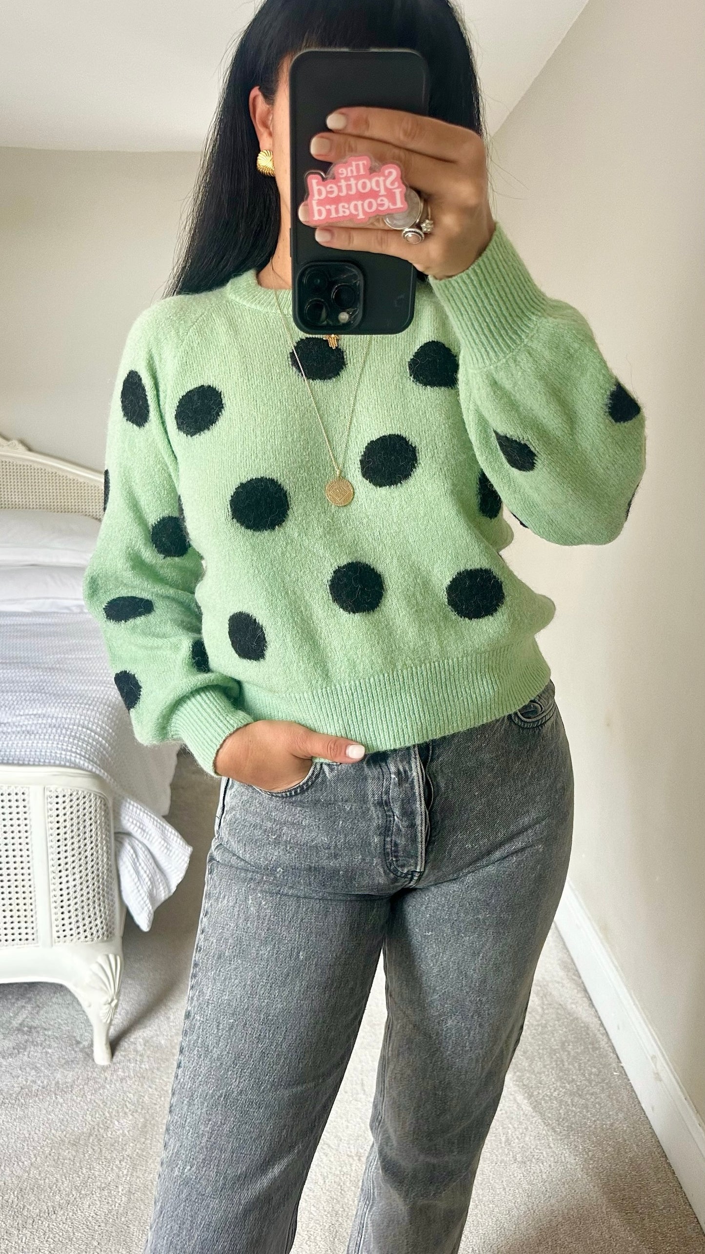 Numph pistachio green polka dot knitted alpaca wool blend jumper small UK 8-10 vgc